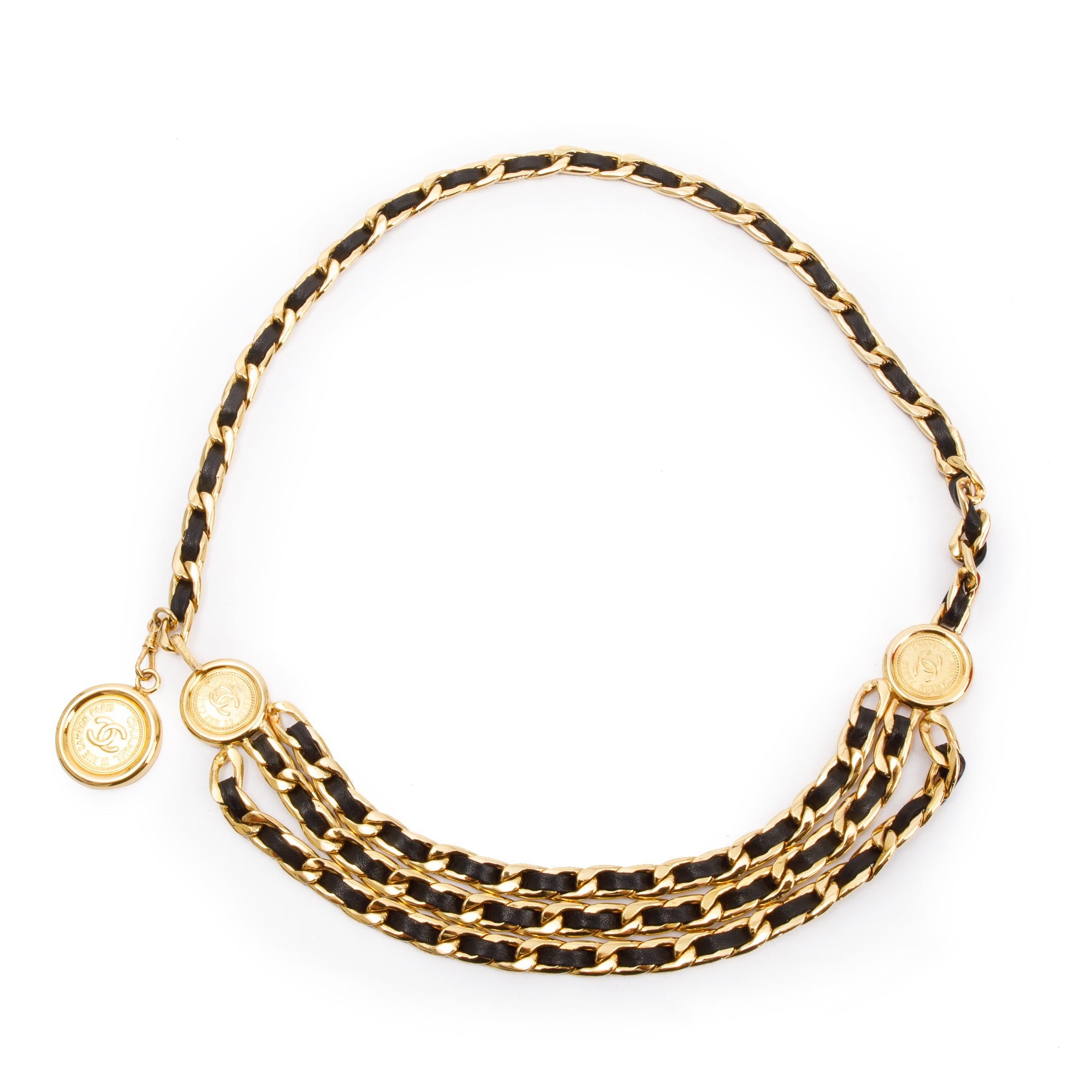 Chanel Vintage Chain-Link & Leather Interlocking CC Logo Waist Belt w/ Box