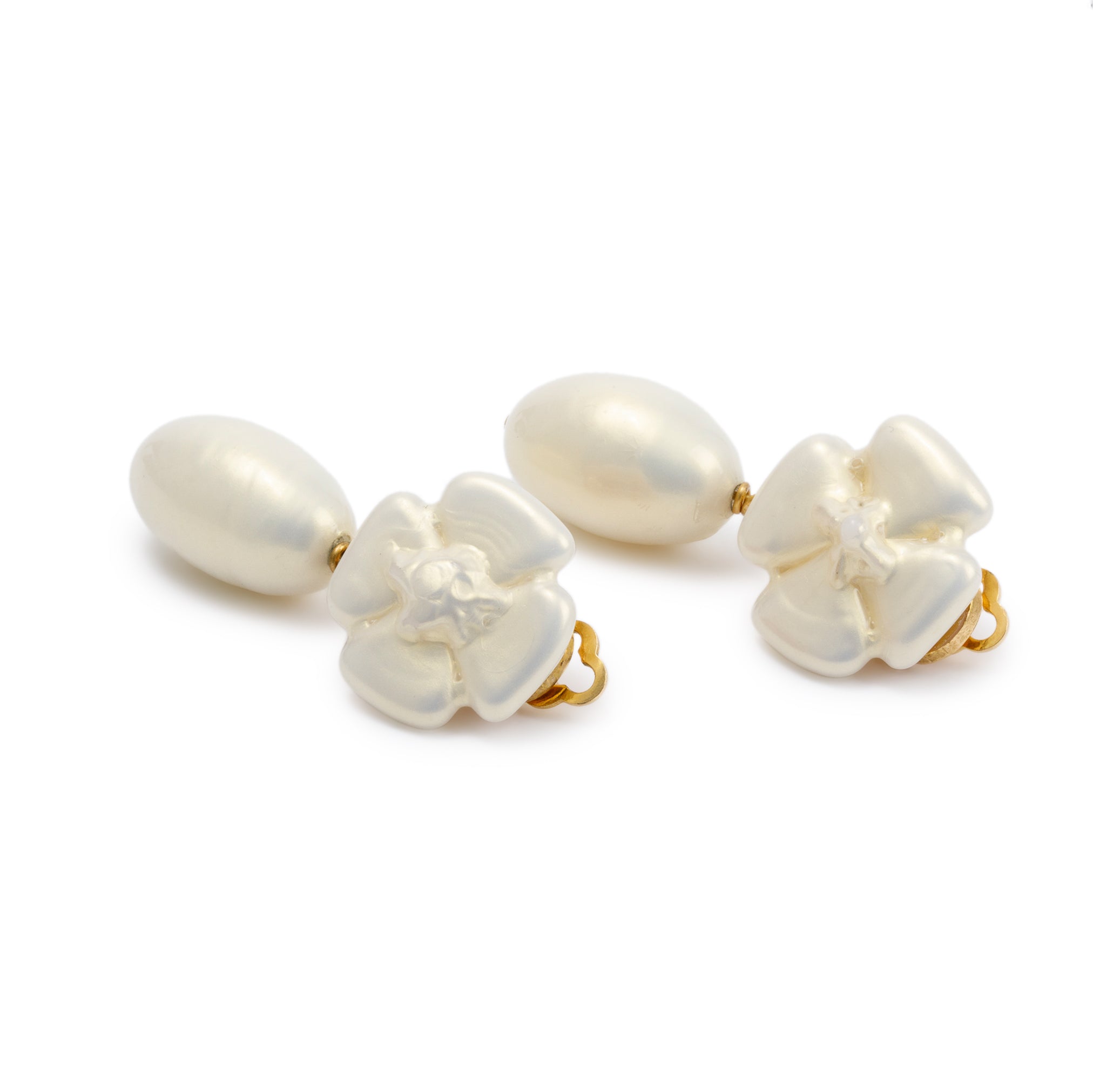 Chanel Vintage Gold Plated Faux Pearl Camelia Drop Clip-On Earrings