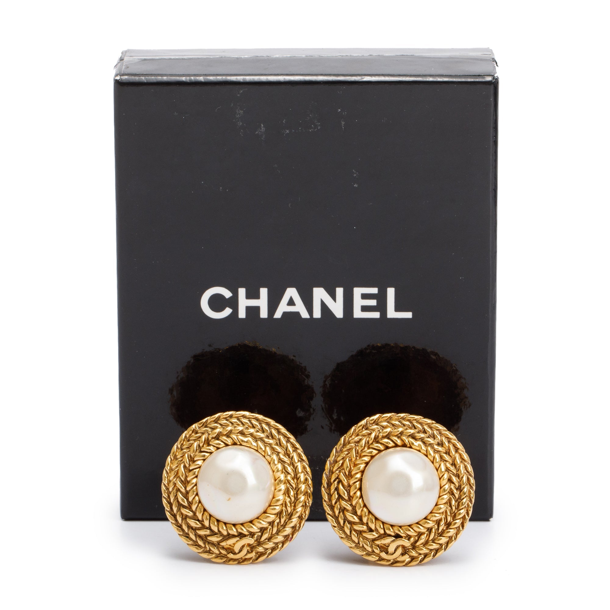 Chanel Vintage Gold Plated Faux Pearl Clip On Earrings w/ Box