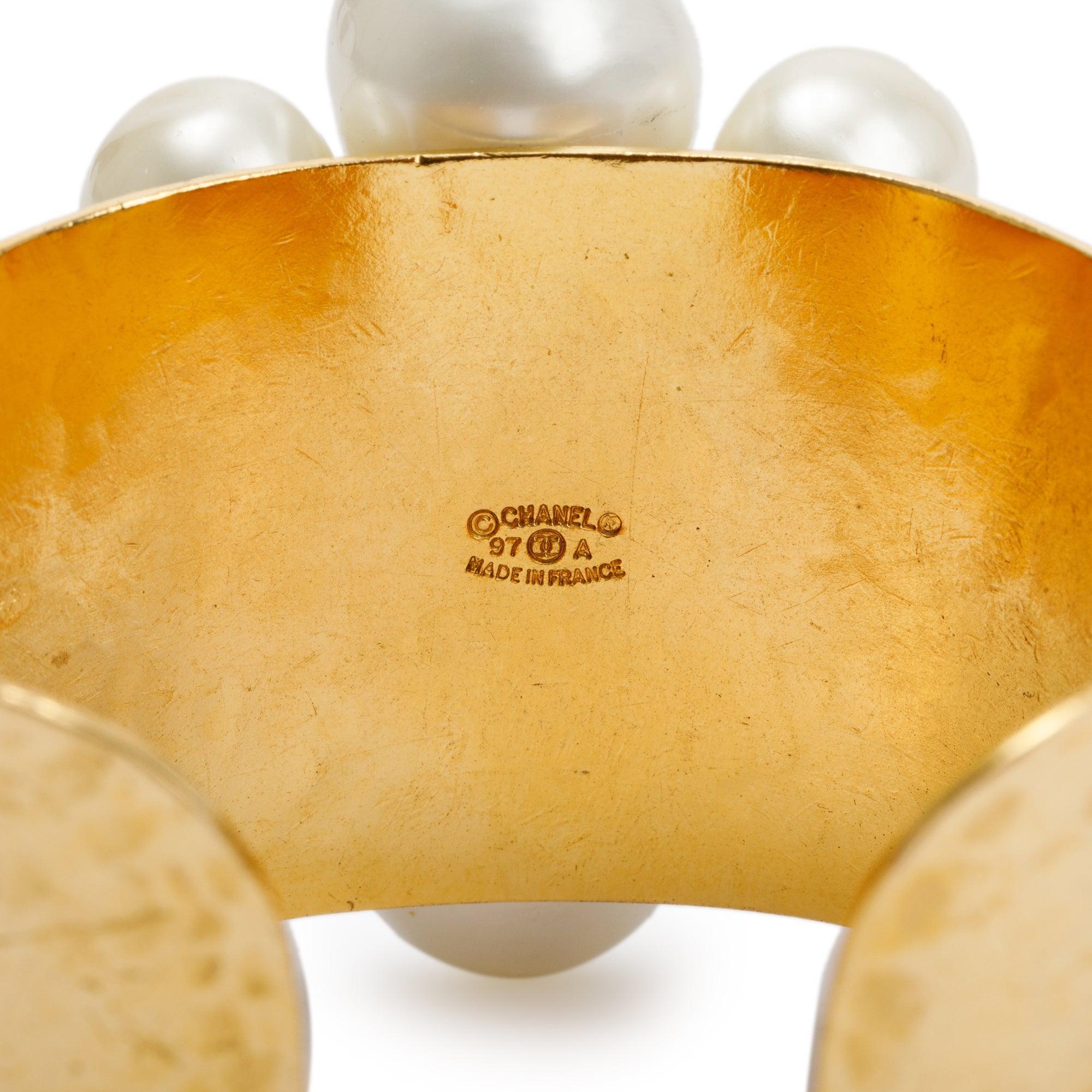 Chanel Vintage Gold Plated Faux Pearl & Gripiox Cuff Bracelet