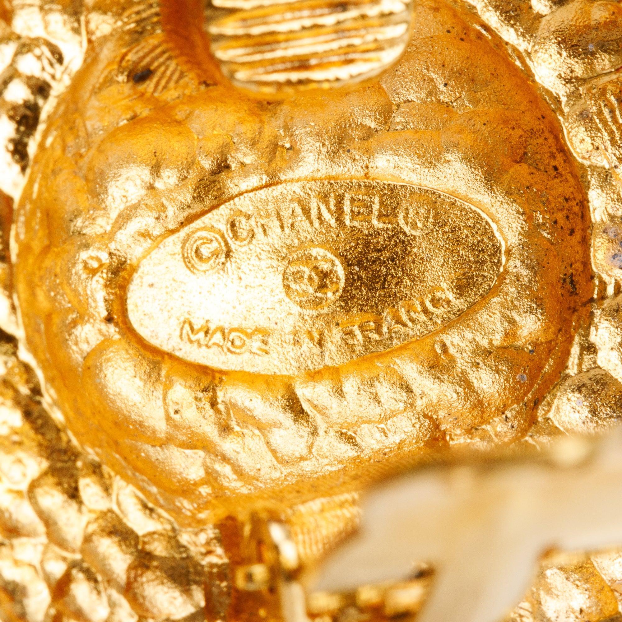Chanel Vintage Gold Plated Logo Round Clip-On Earrings w/ Box