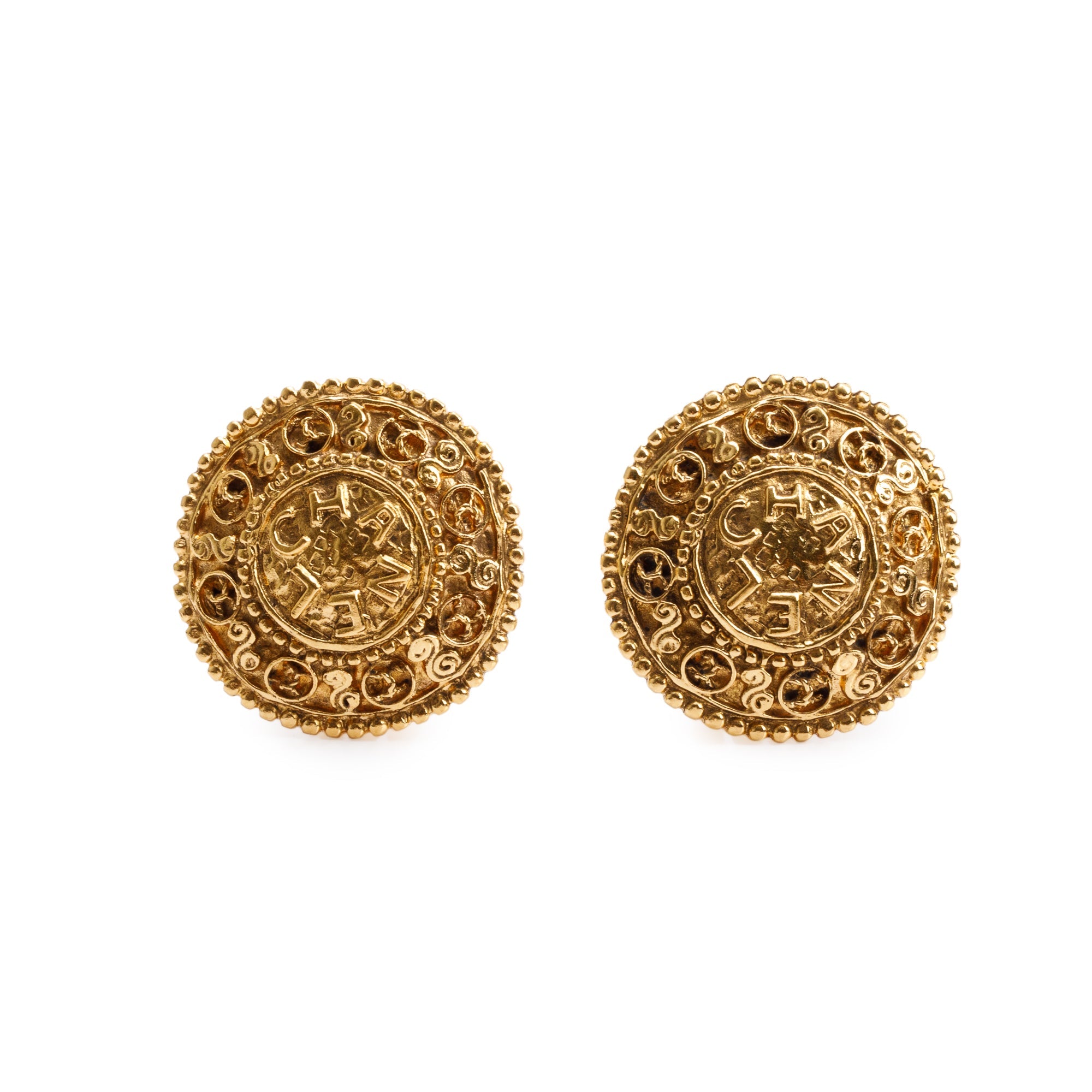Chanel Vintage Gold Plated Logo Round Clip-On Earrings w/ Box