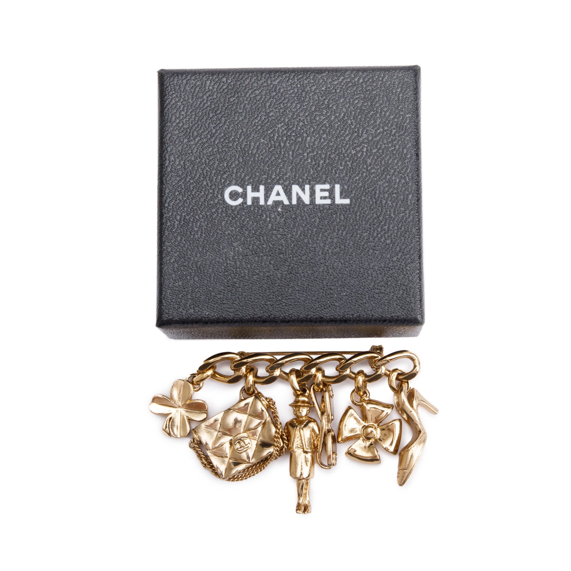 Chanel Vintage Gold Plated Multi-Charm Pin Brooch w/ Box