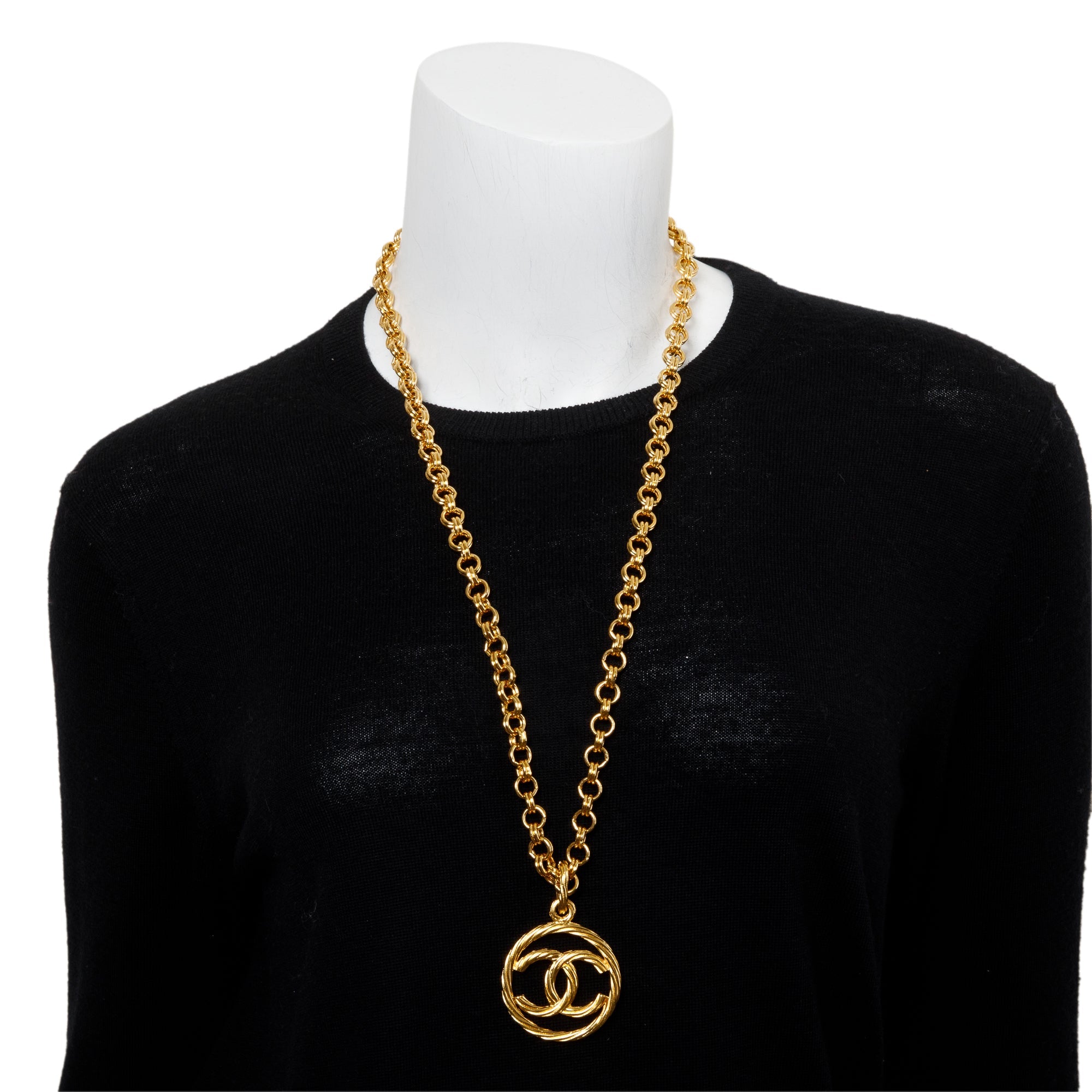 Chanel Vintage Gold-Plated Round CC Pendant Necklace w/ Box