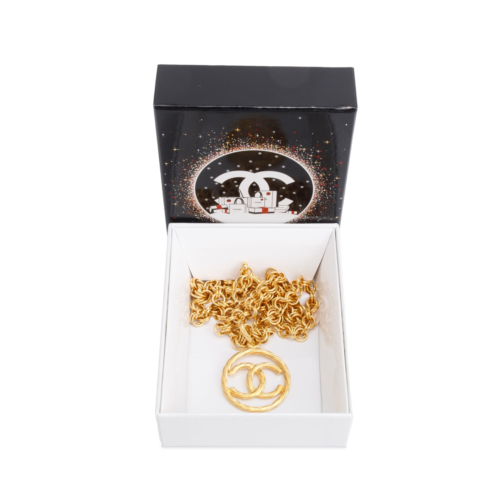 Chanel Vintage Gold-Plated Round CC Pendant Necklace w/ Box