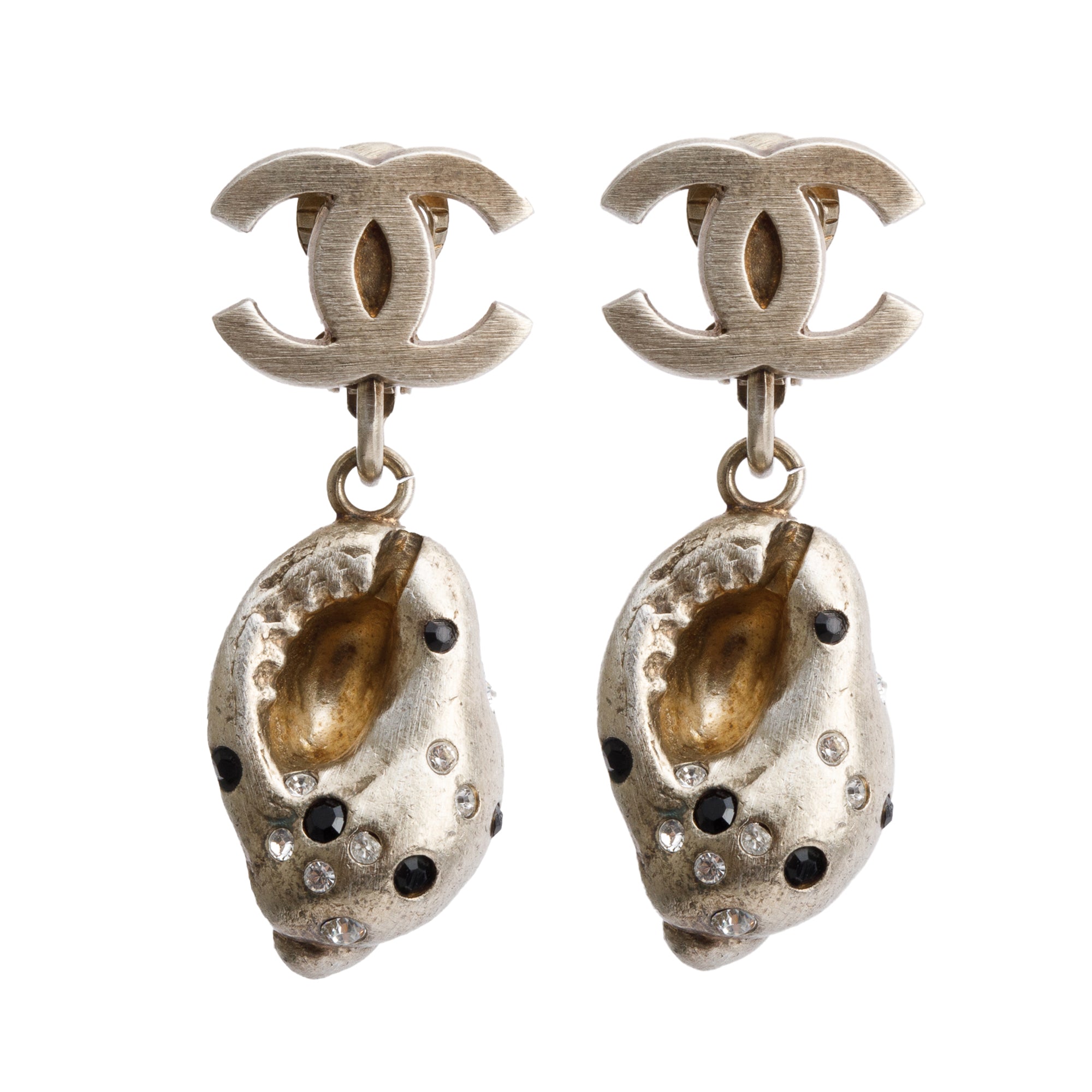 Chanel Vintage Gold Plated Silver Strass Shell CC Clip On Drop Earrings w/ Box