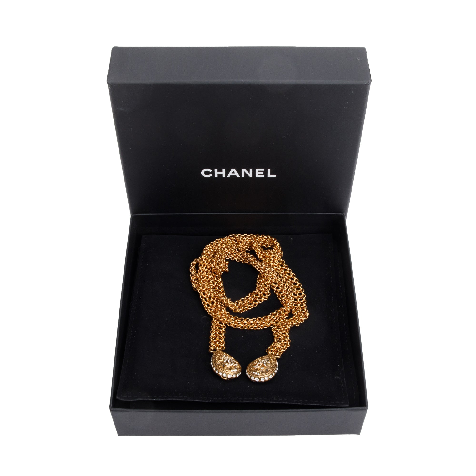 Chanel Vintage Gold-Plated Strass CC Lariat Necklace w/ Box