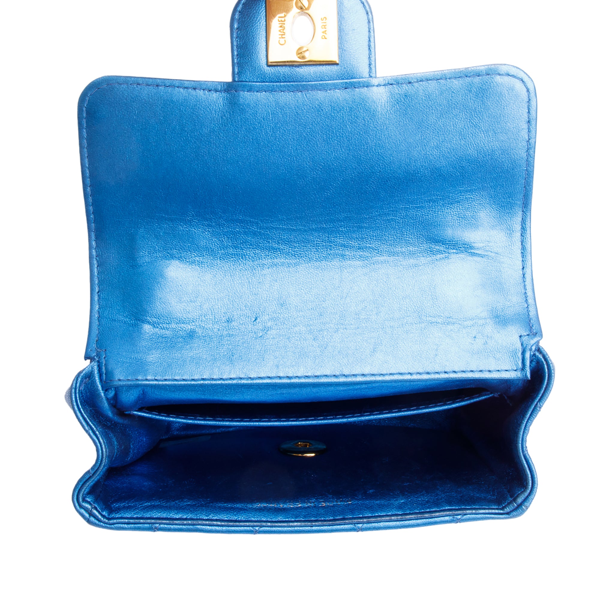 Chanel Vintage Metallic Blue Shiny Aged Calfskin Leather Mini Kelly Flap Bag w/ Authenticity Card