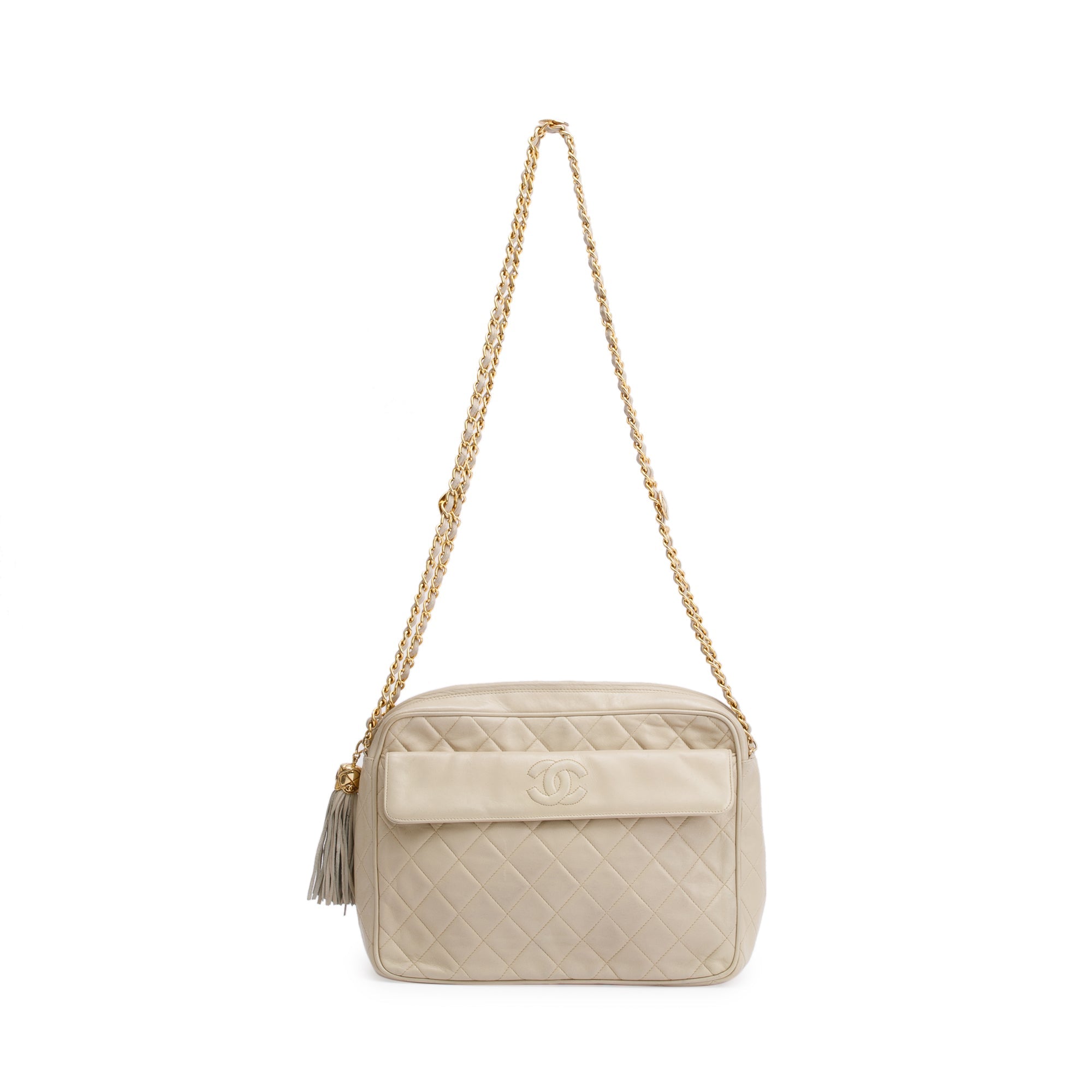 Chanel Vintage Neutral Quilted Lambskin Leather CC Tassel Camera Bag