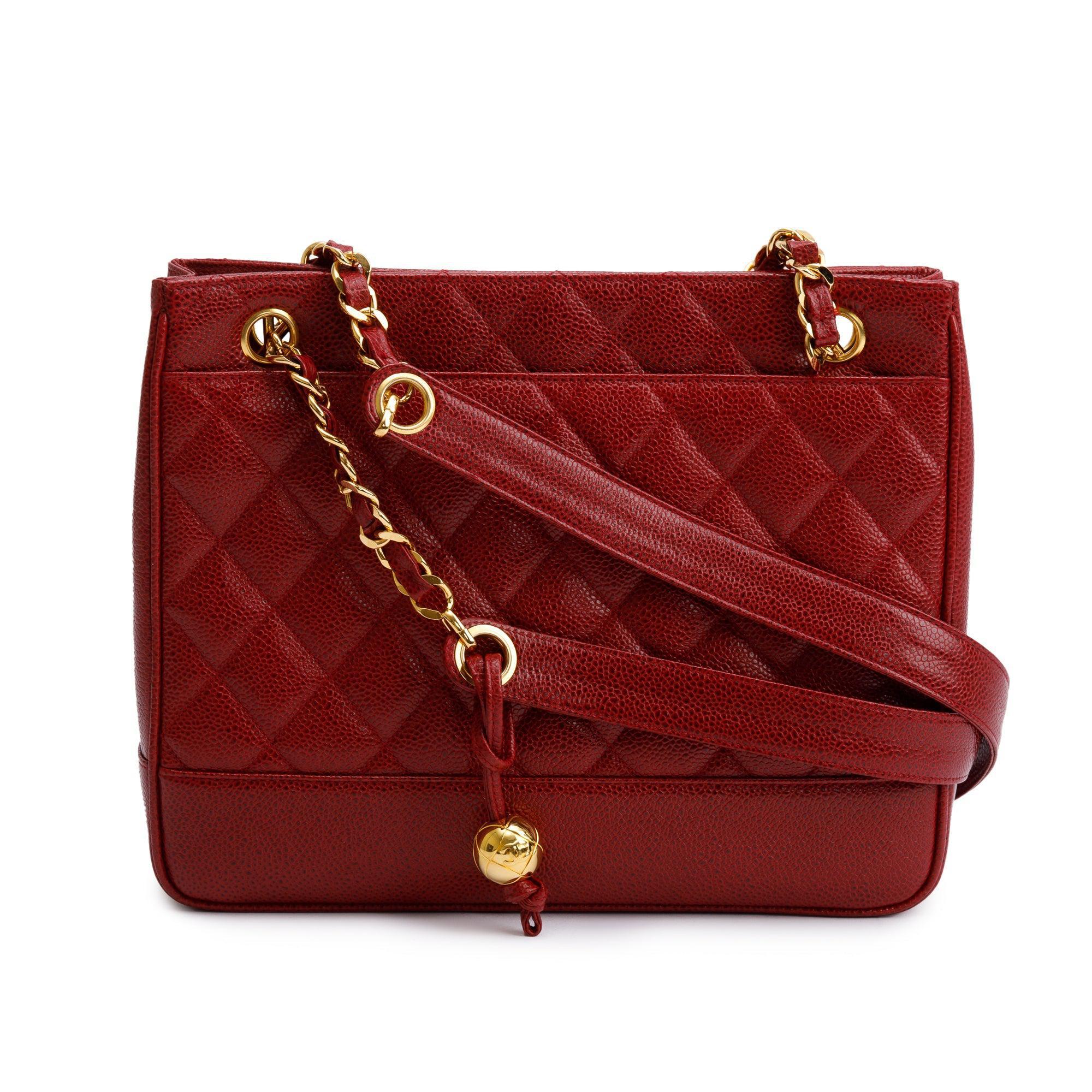 Chanel Vintage Red Caviar Leather Chain Tote w/ Box & Authenticity Card
