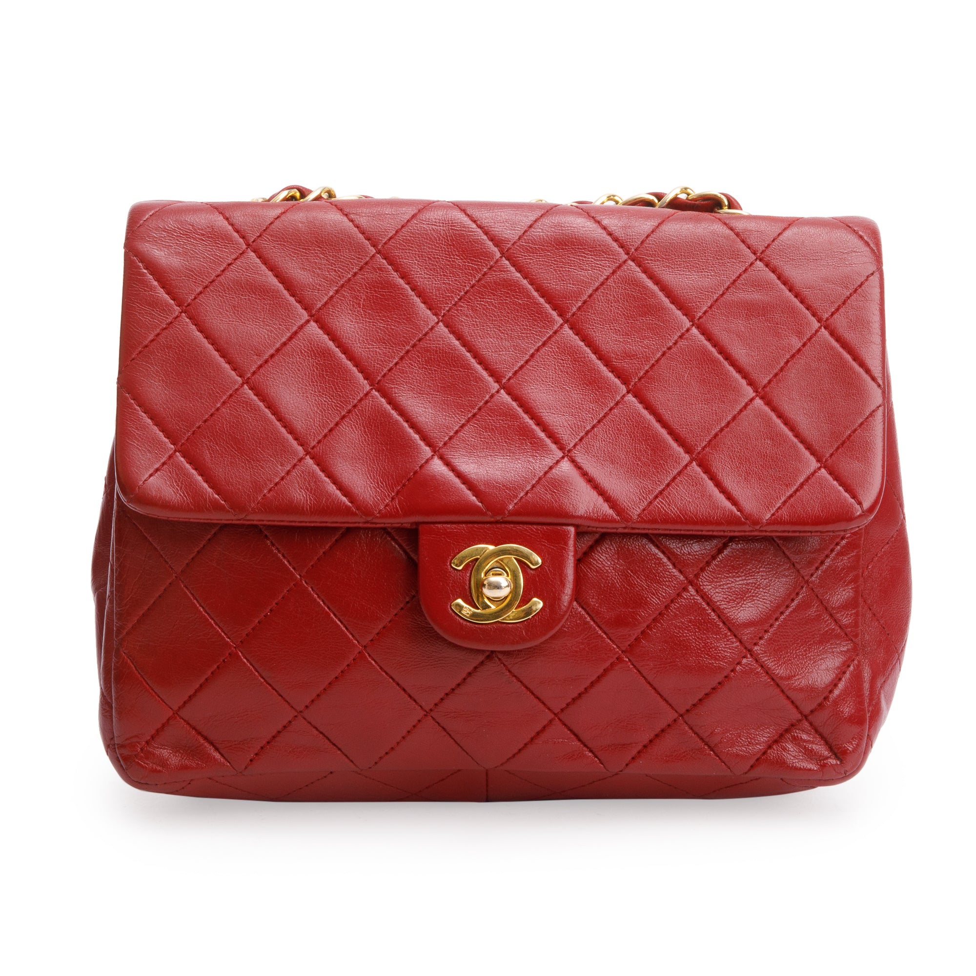 Chanel Vintage Red Quilted Calfskin Leather Small Square Single Flap Bag