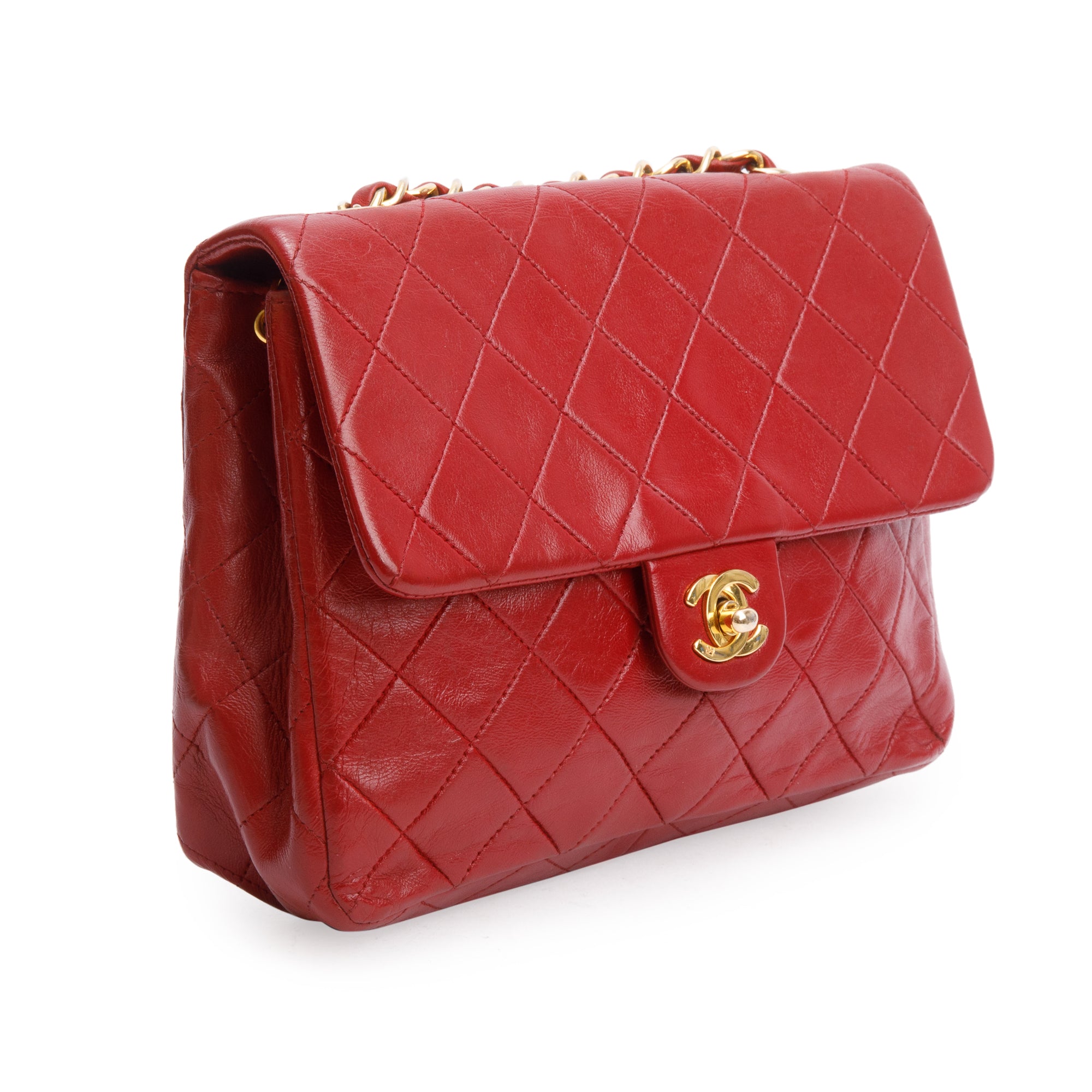 Chanel Vintage Red Quilted Calfskin Leather Small Square Single Flap Bag