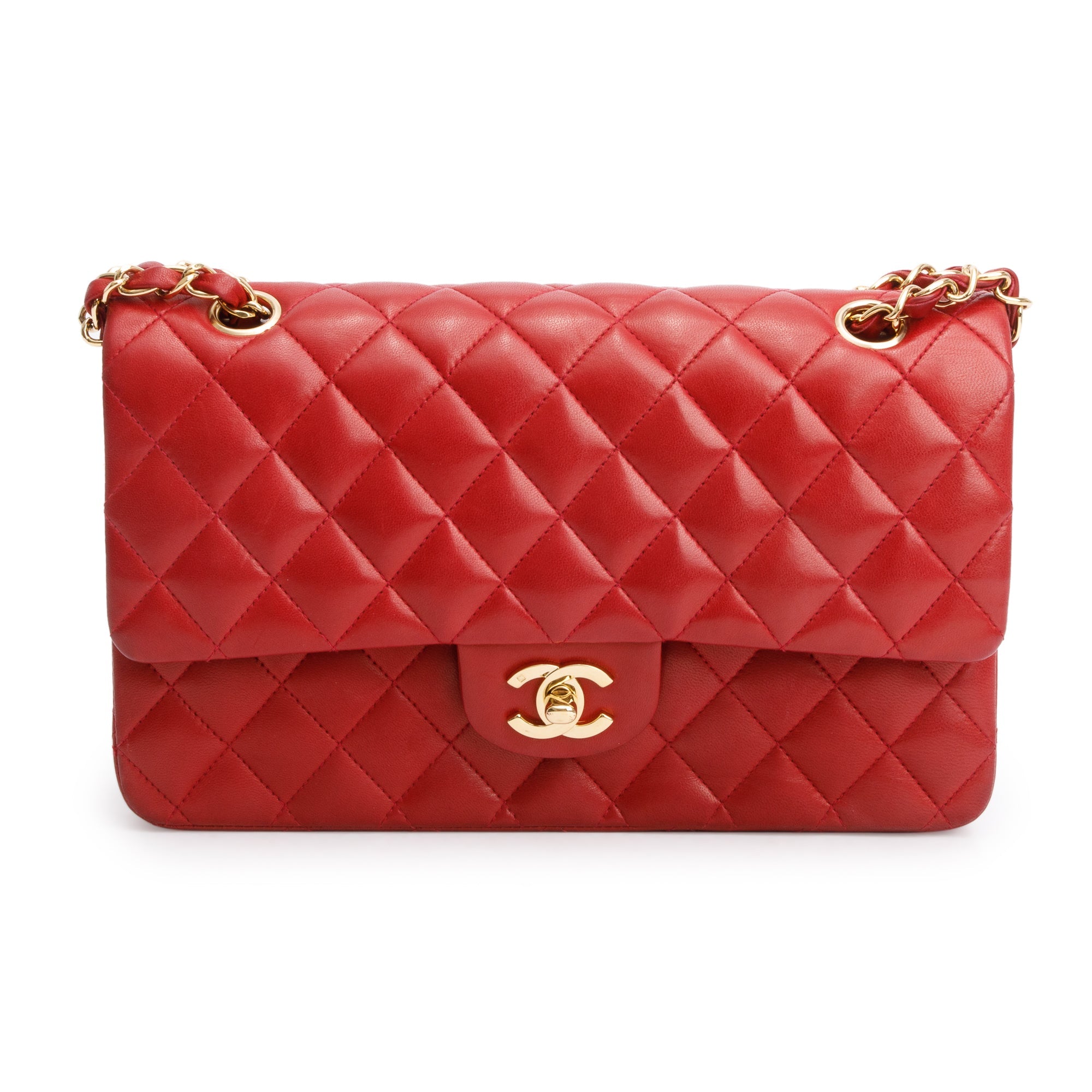 Chanel Vintage Red Quilted Lambskin Leather Classic Medium Double Flap Bag w/ Box & Authenticity Card
