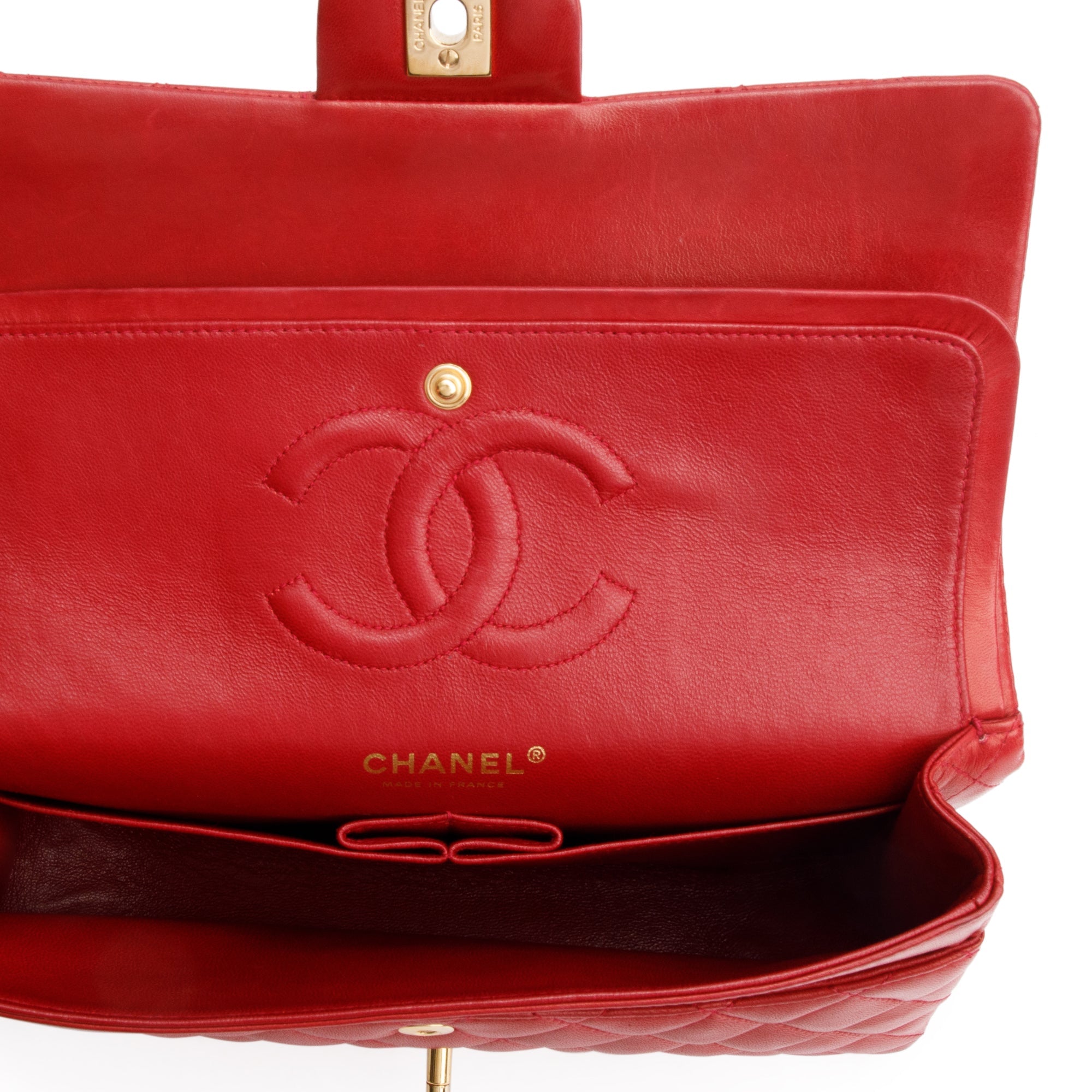Chanel Vintage Red Quilted Lambskin Leather Classic Medium Double Flap Bag w/ Box & Authenticity Card