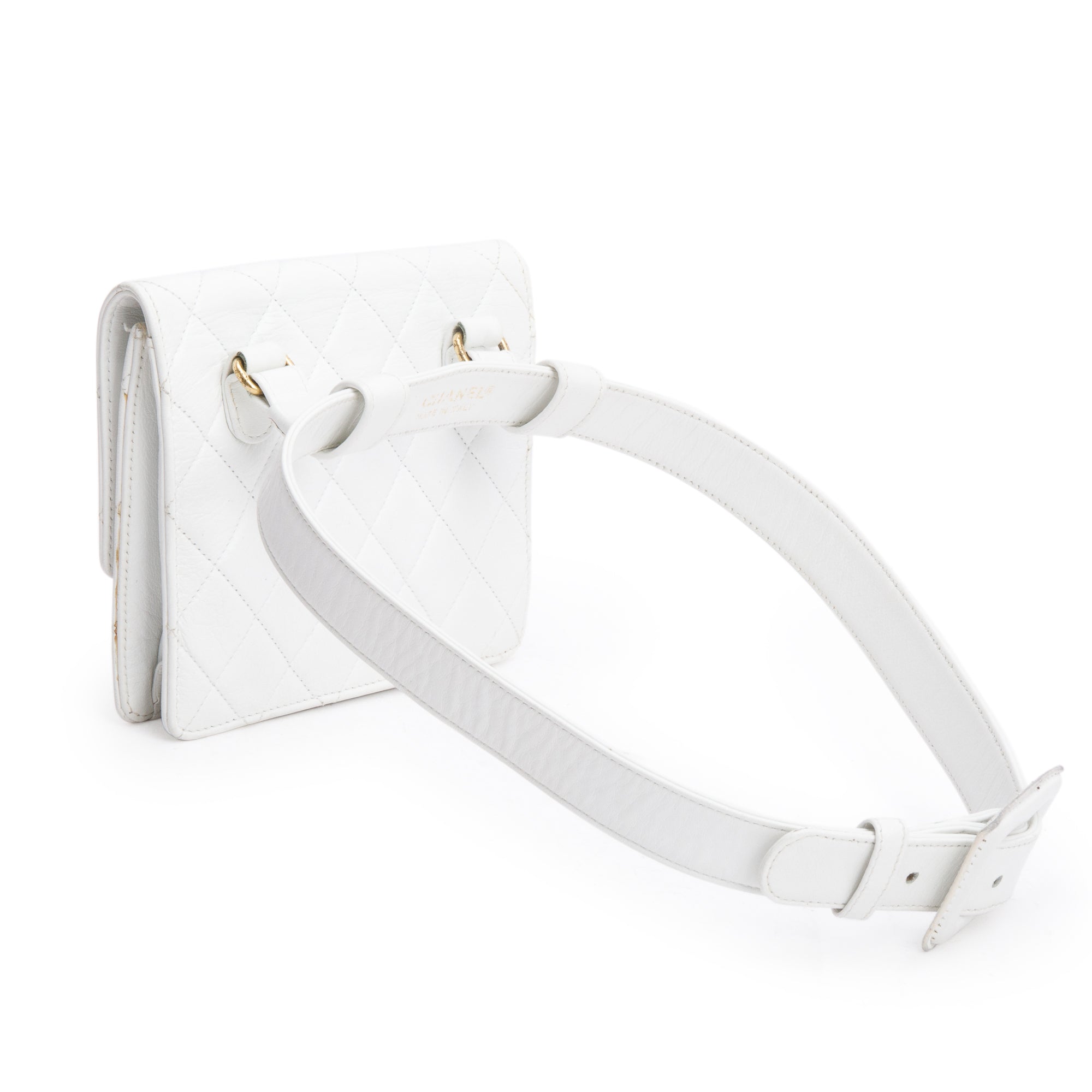 Chanel Vintage White Quilted Calfskin Leather Square Mini Flap Waist Bag, Size 70 w/ Box &Authenticity Card