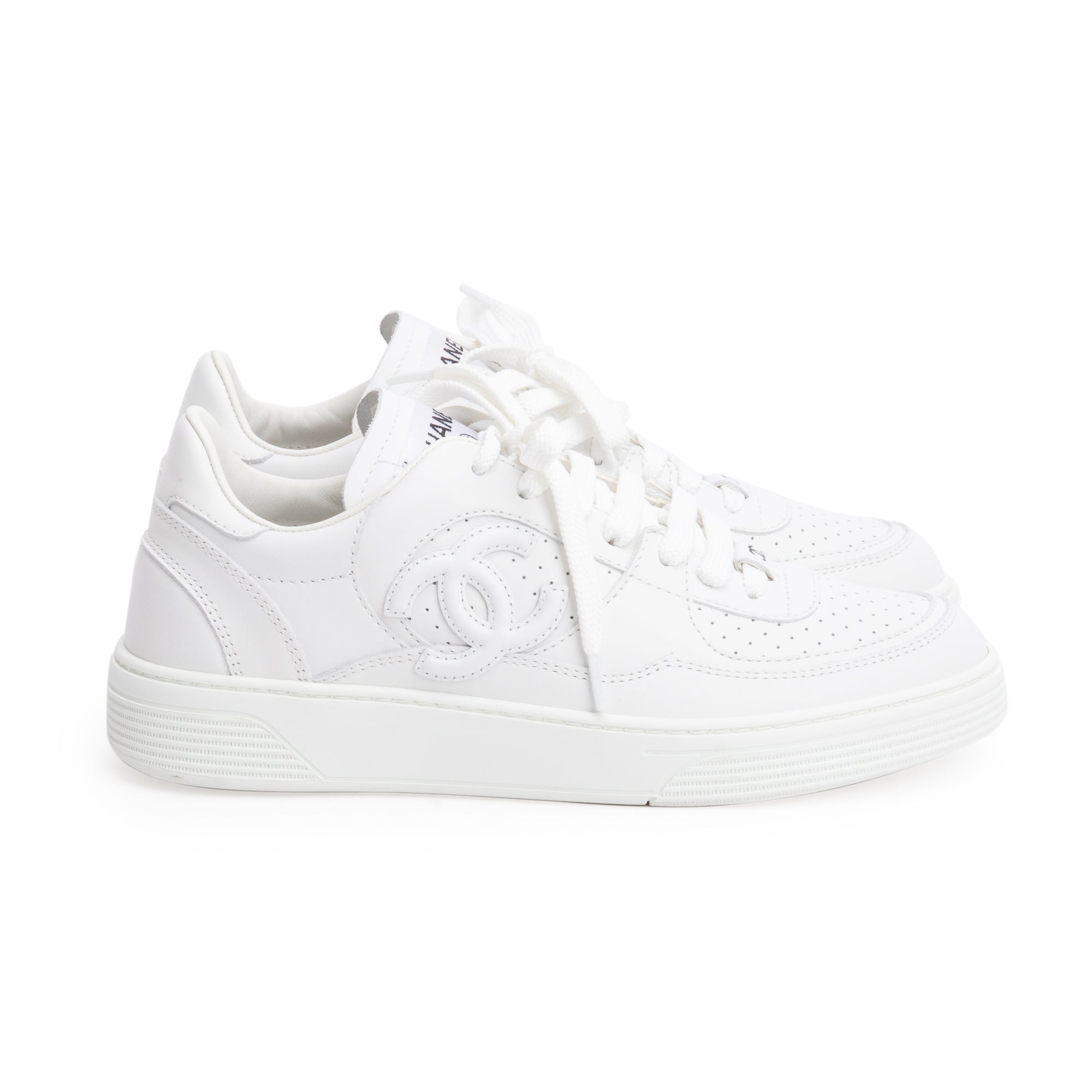 Chanel White Calfskin Leather CC Logo Low Sneakers, Size 37.5 w/ Box