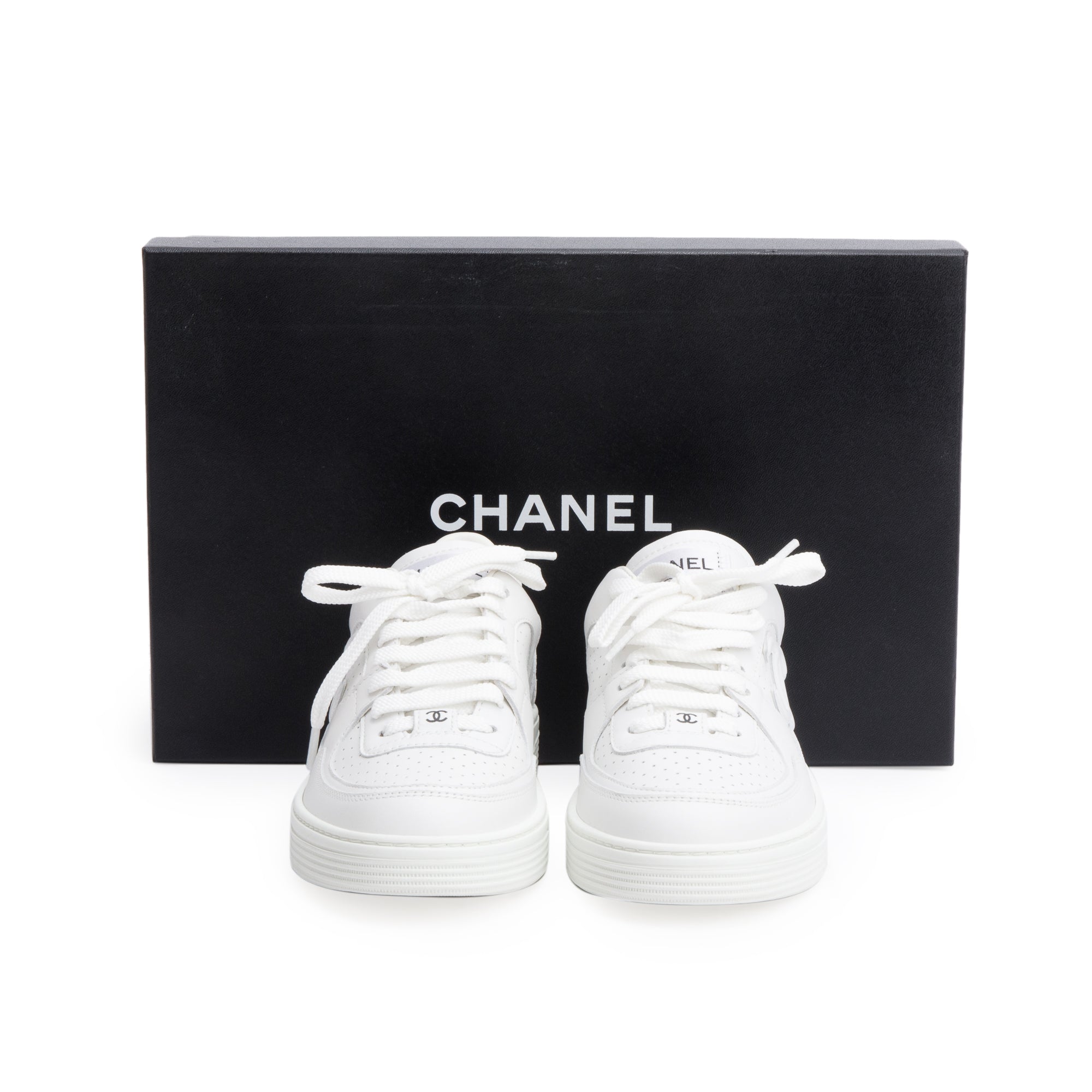 Chanel White Calfskin Leather CC Logo Low Sneakers, Size 37.5 w/ Box
