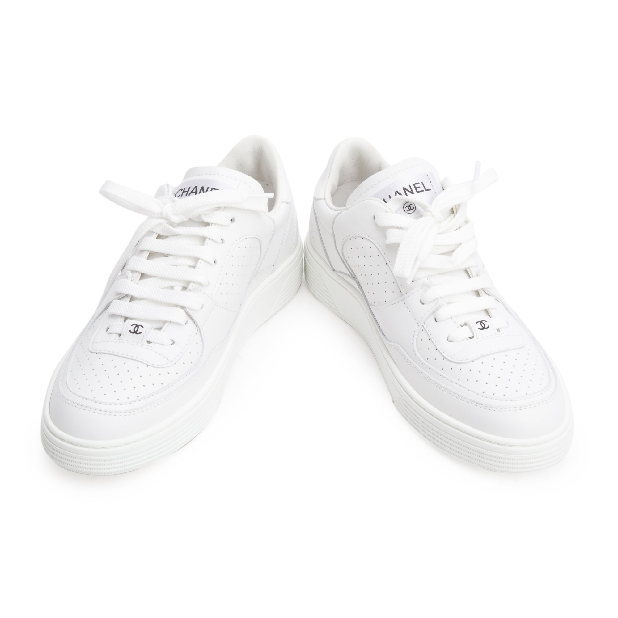 Chanel White Calfskin Leather CC Logo Low Sneakers, Size 37.5 w/ Box