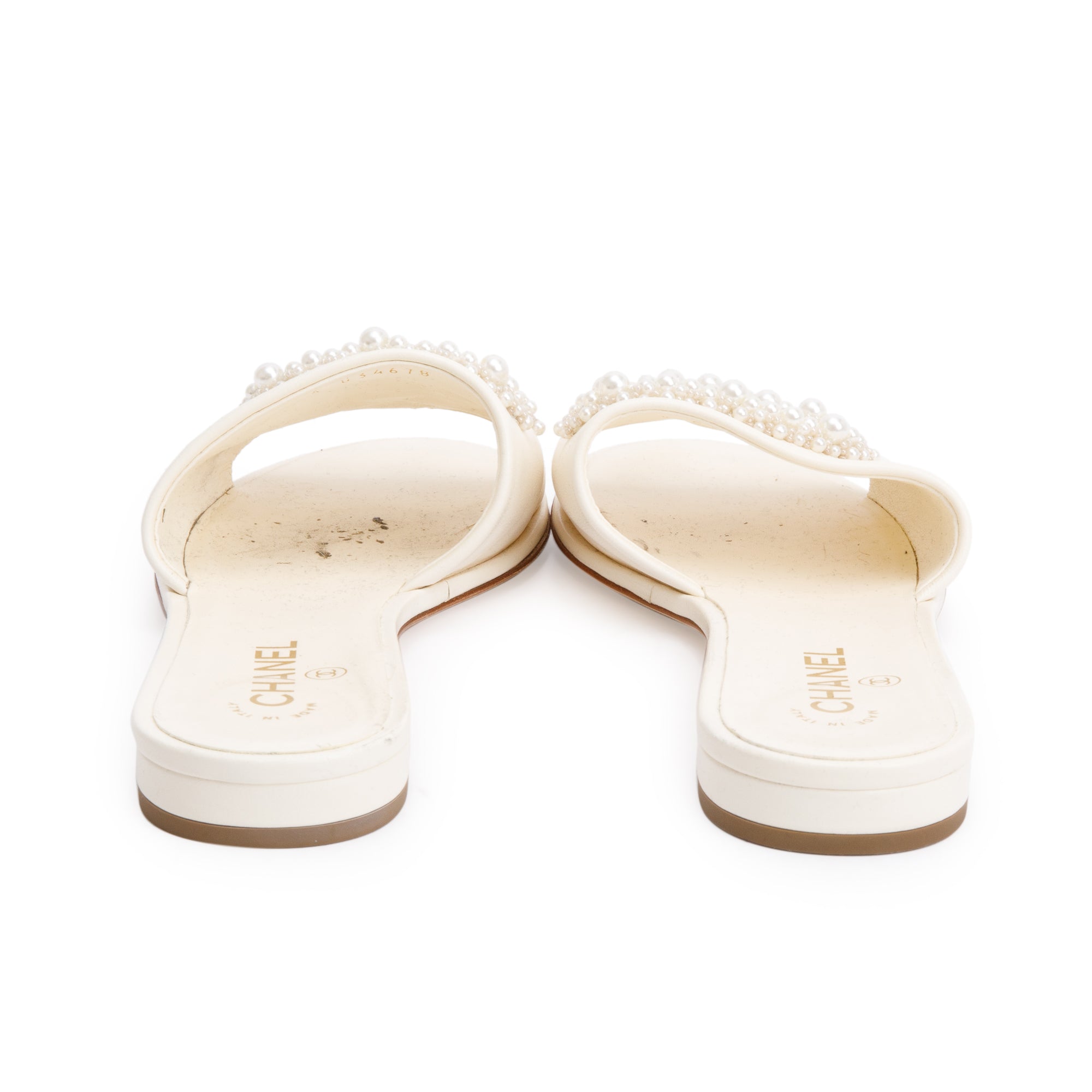 Chanel White Calfskin Leather Faux Pearl CC Slide Sandals, Size 40 w/ Box