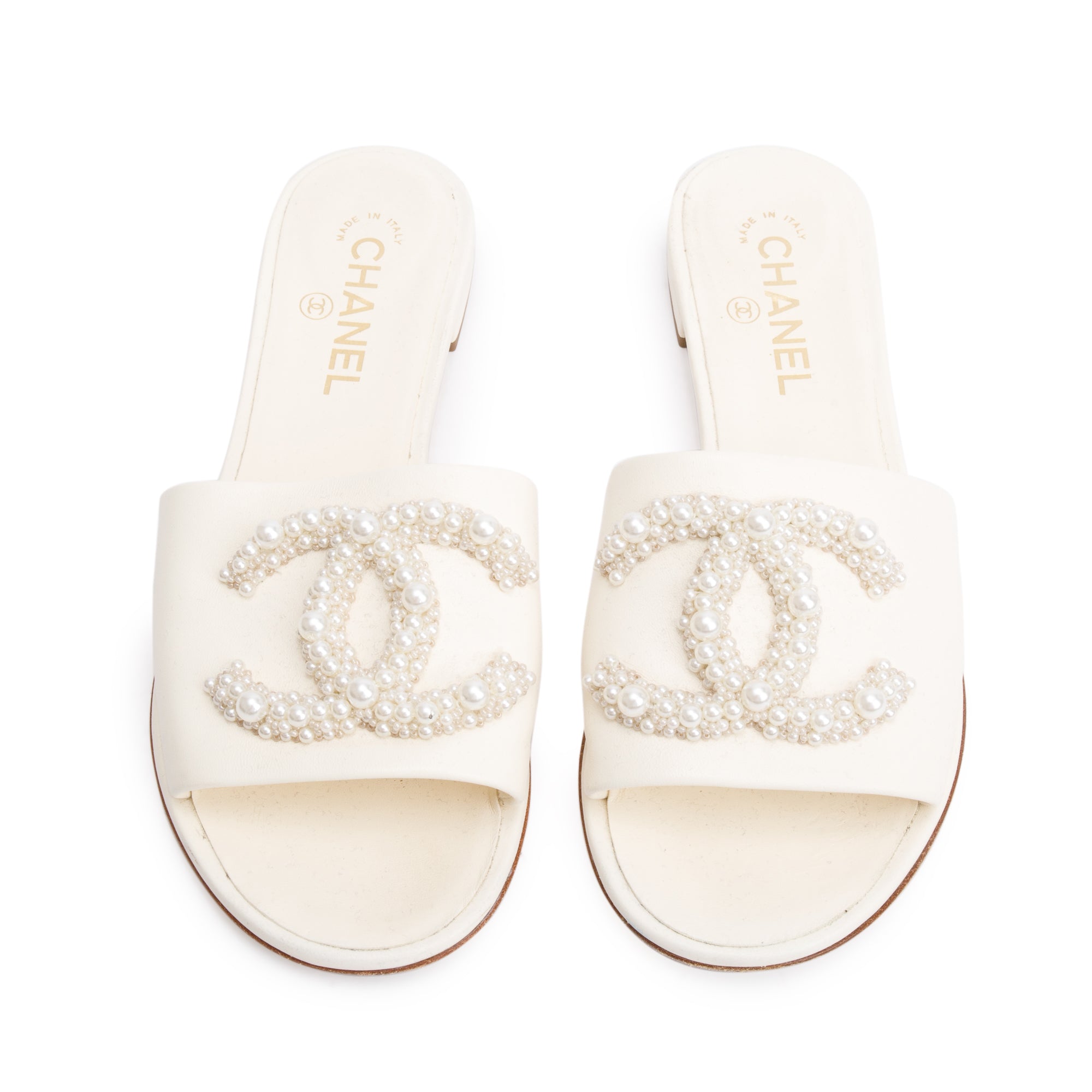 Chanel White Calfskin Leather Faux Pearl CC Slide Sandals, Size 40 w/ Box