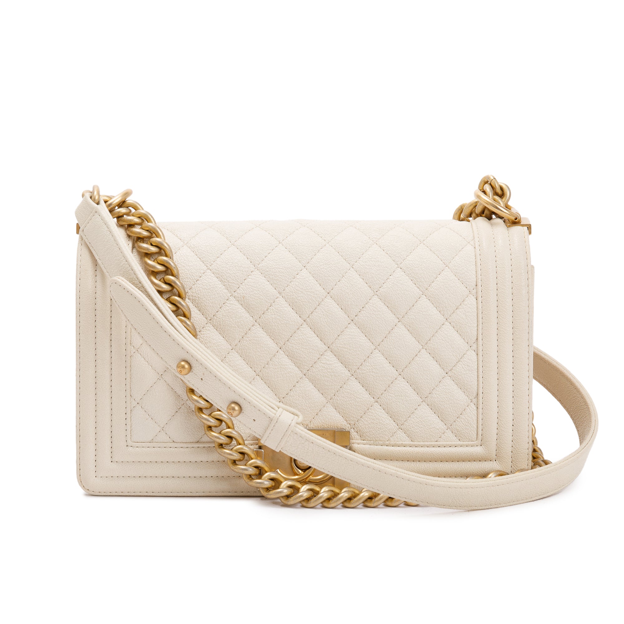 Chanel White Calfskin Leather Medium Boy Bag w/ Authenticity Card