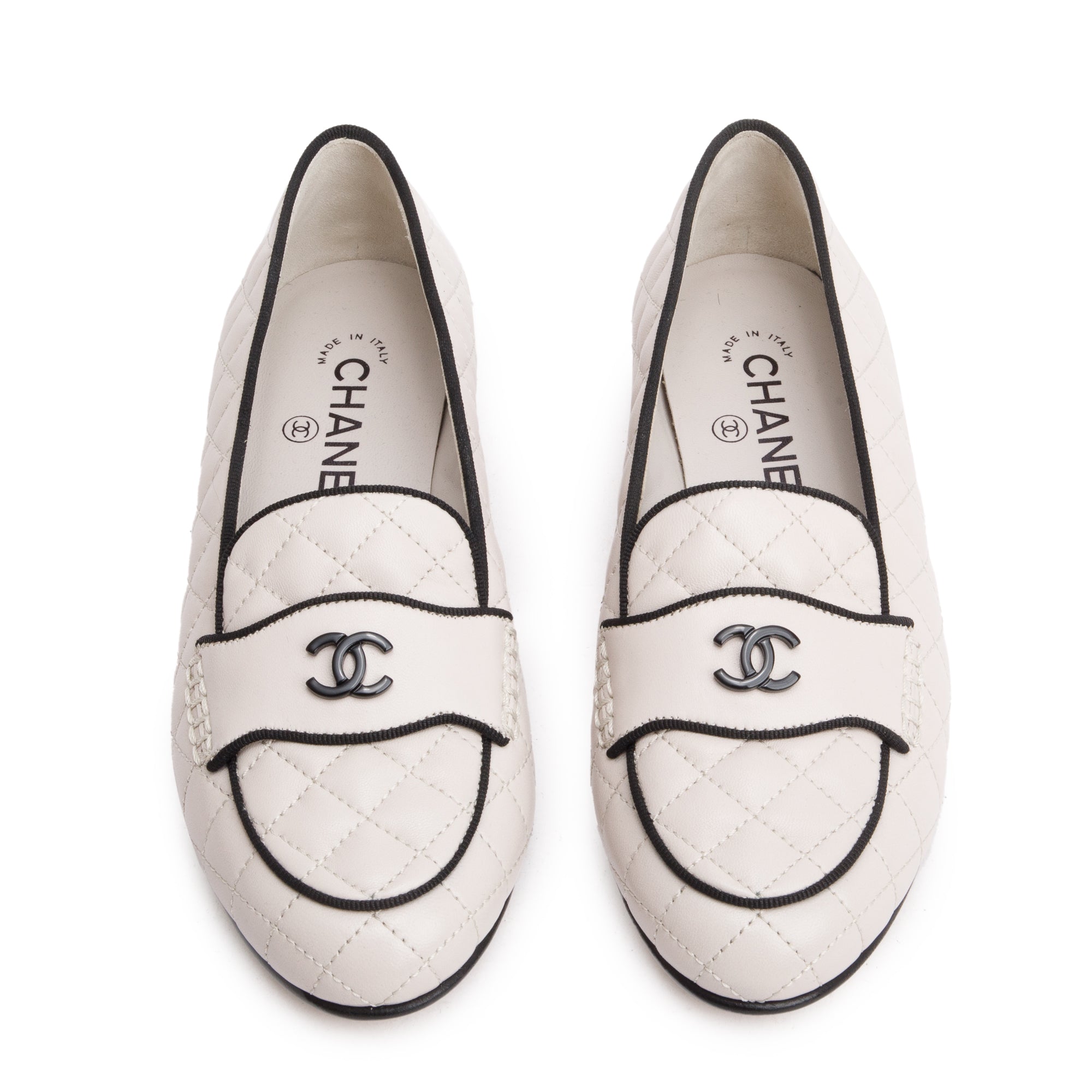 Chanel White Calfskin Leather Quilted CC Logo Loafer, Size 36 w/ Box