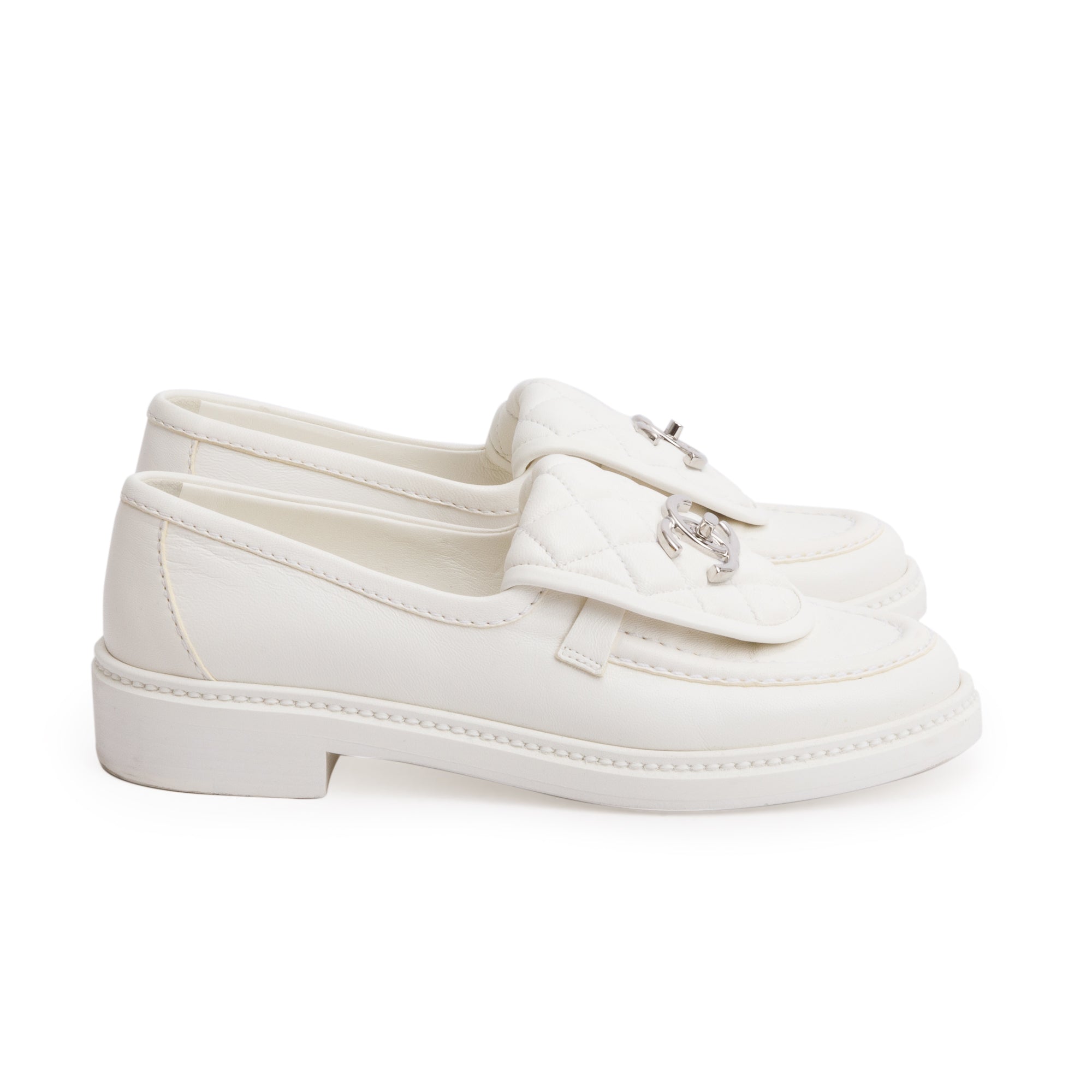 Chanel White Calfskin Leather Quilted CC Logo Loafer, Size 36 w/ Box
