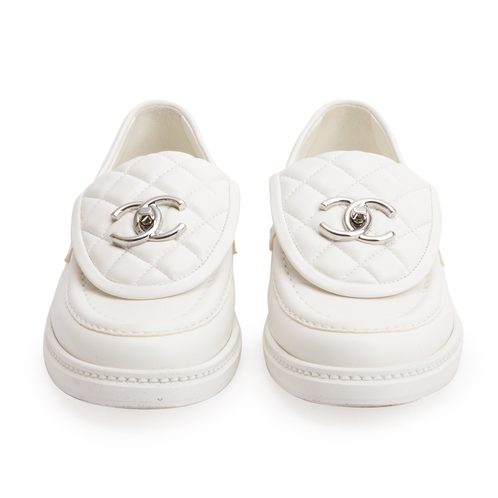 Chanel White Calfskin Leather Quilted CC Logo Loafer, Size 36 w/ Box