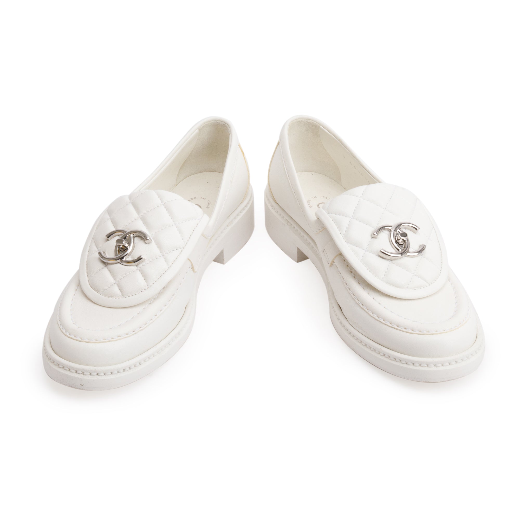 Chanel White Calfskin Leather Quilted CC Logo Loafer, Size 36 w/ Box