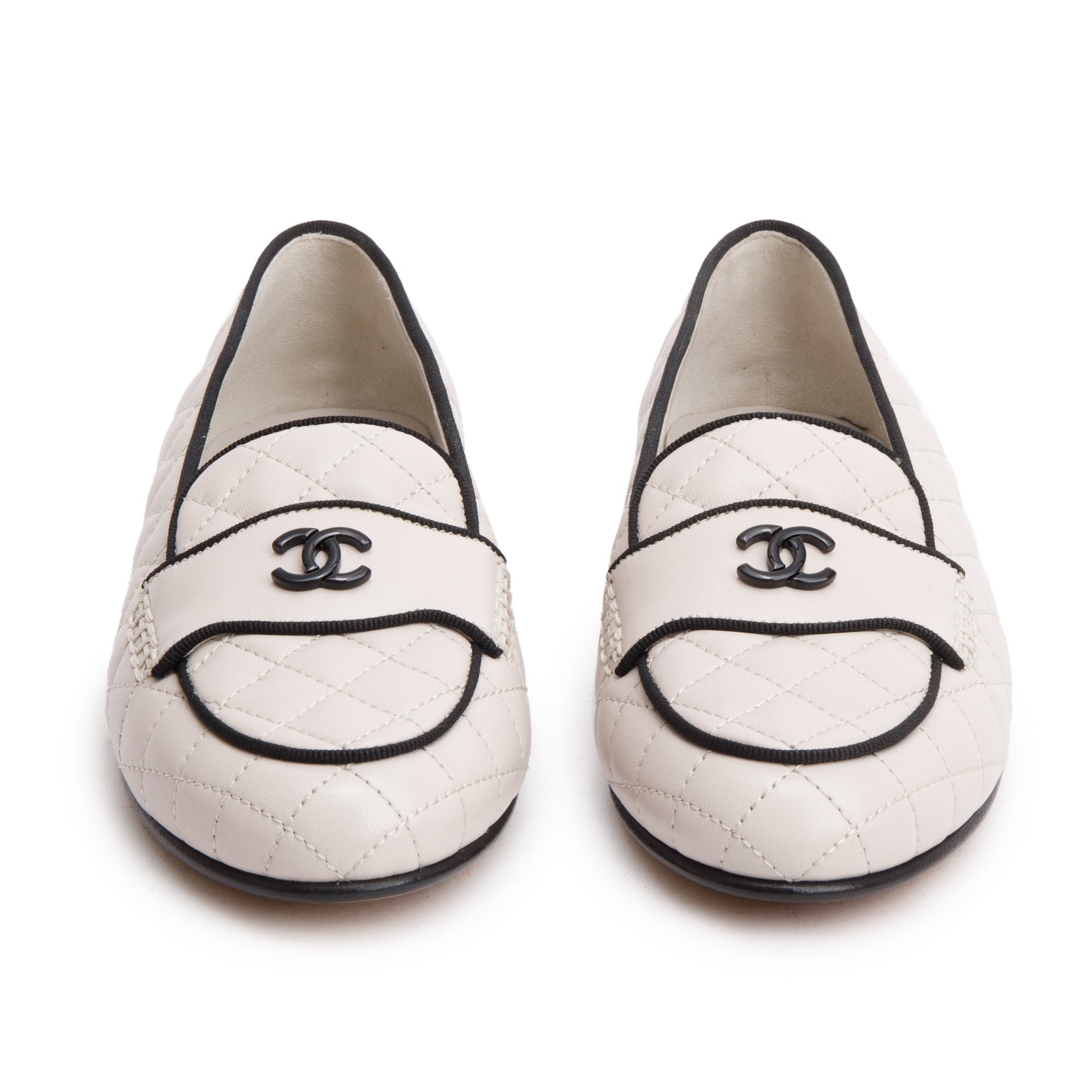 Chanel White Calfskin Leather Quilted CC Logo Loafer, Size 36 w/ Box