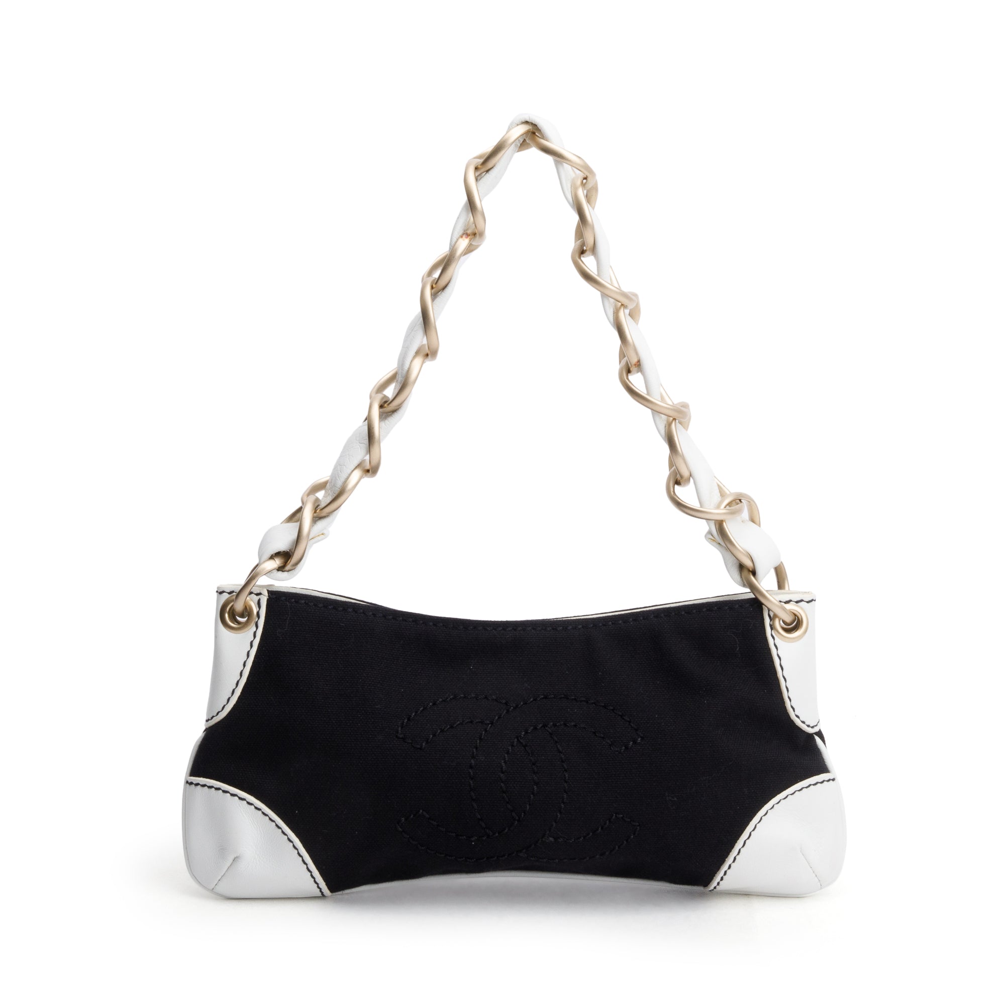 Chanel White Calfskin Leather Trim Black Canvas Olsen CC Pochette
