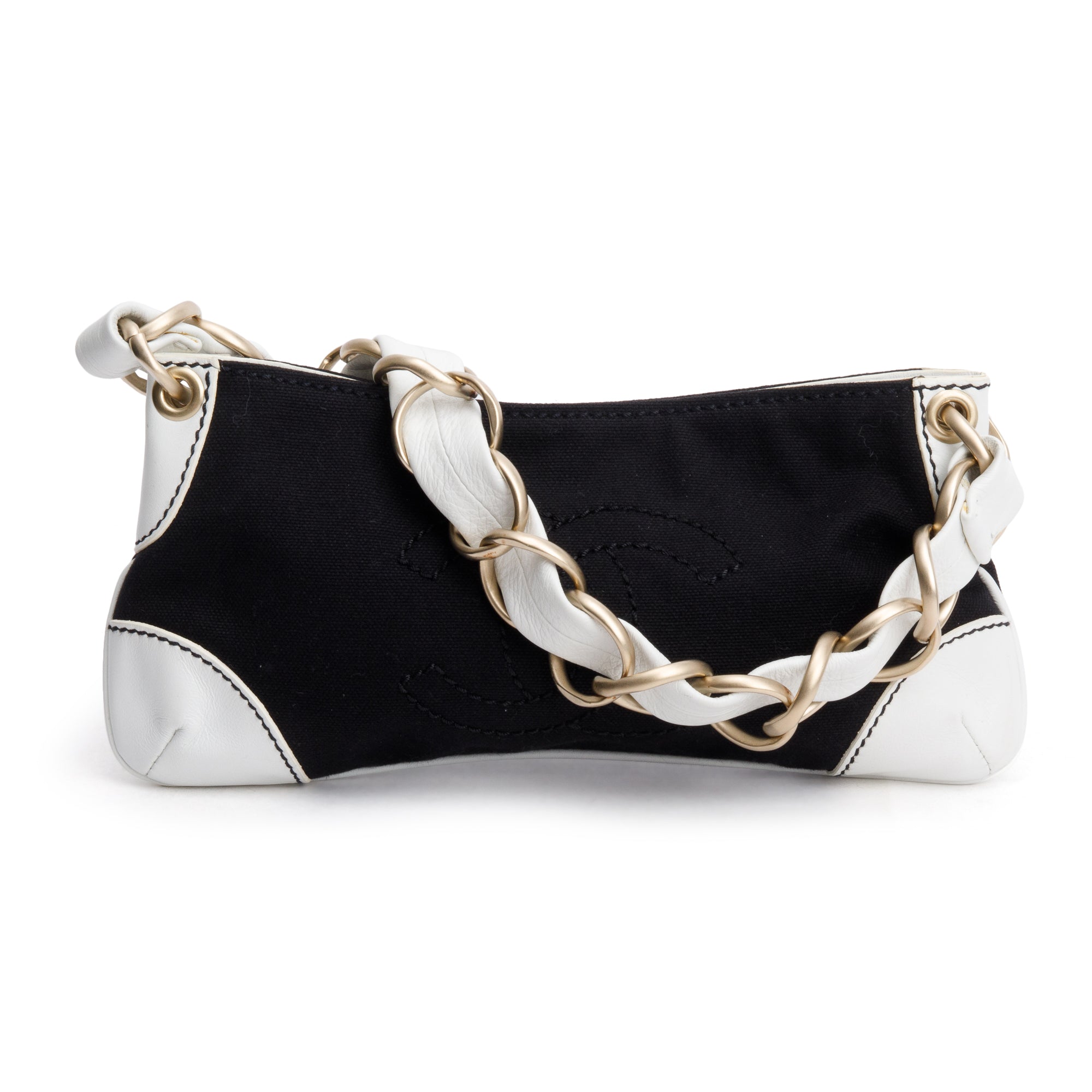 Chanel White Calfskin Leather Trim Black Canvas Olsen CC Pochette