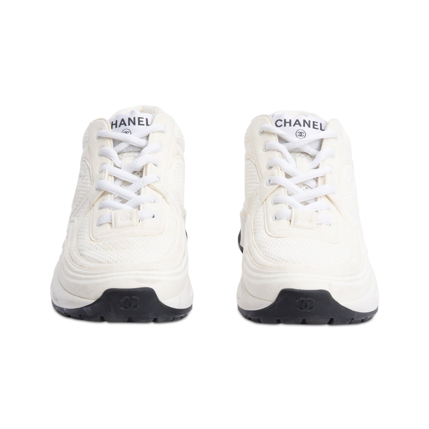 Chanel White Calfskin Nylon Suede CC Logo Sneakers, Size 35
