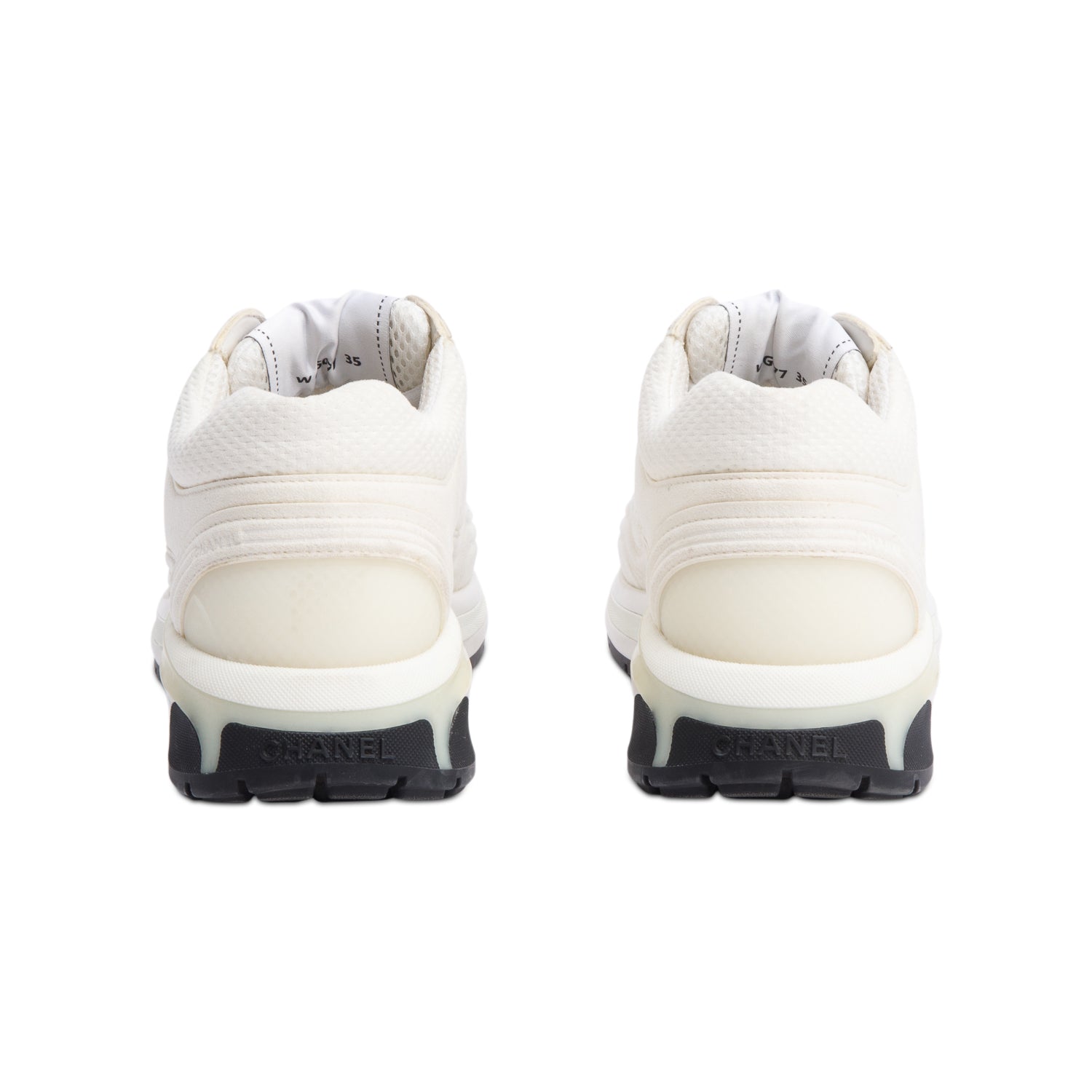 Chanel White Calfskin Nylon Suede CC Logo Sneakers, Size 35