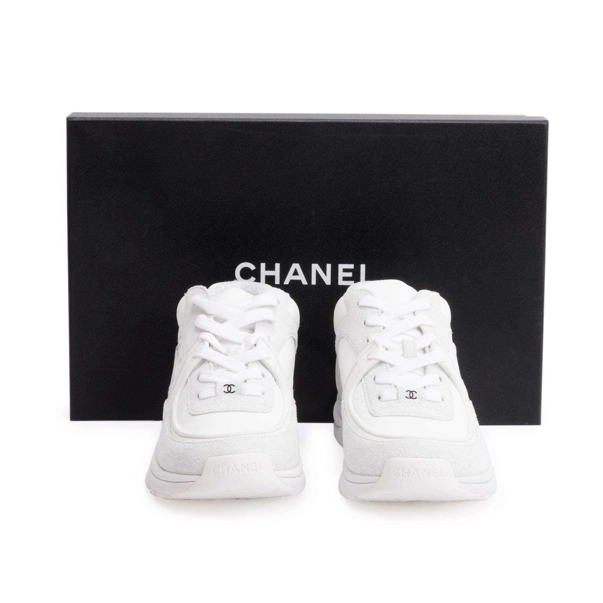 Chanel White Calfskin Nylon Suede CC Logo Sneakers, Size 37.5 w/ Box