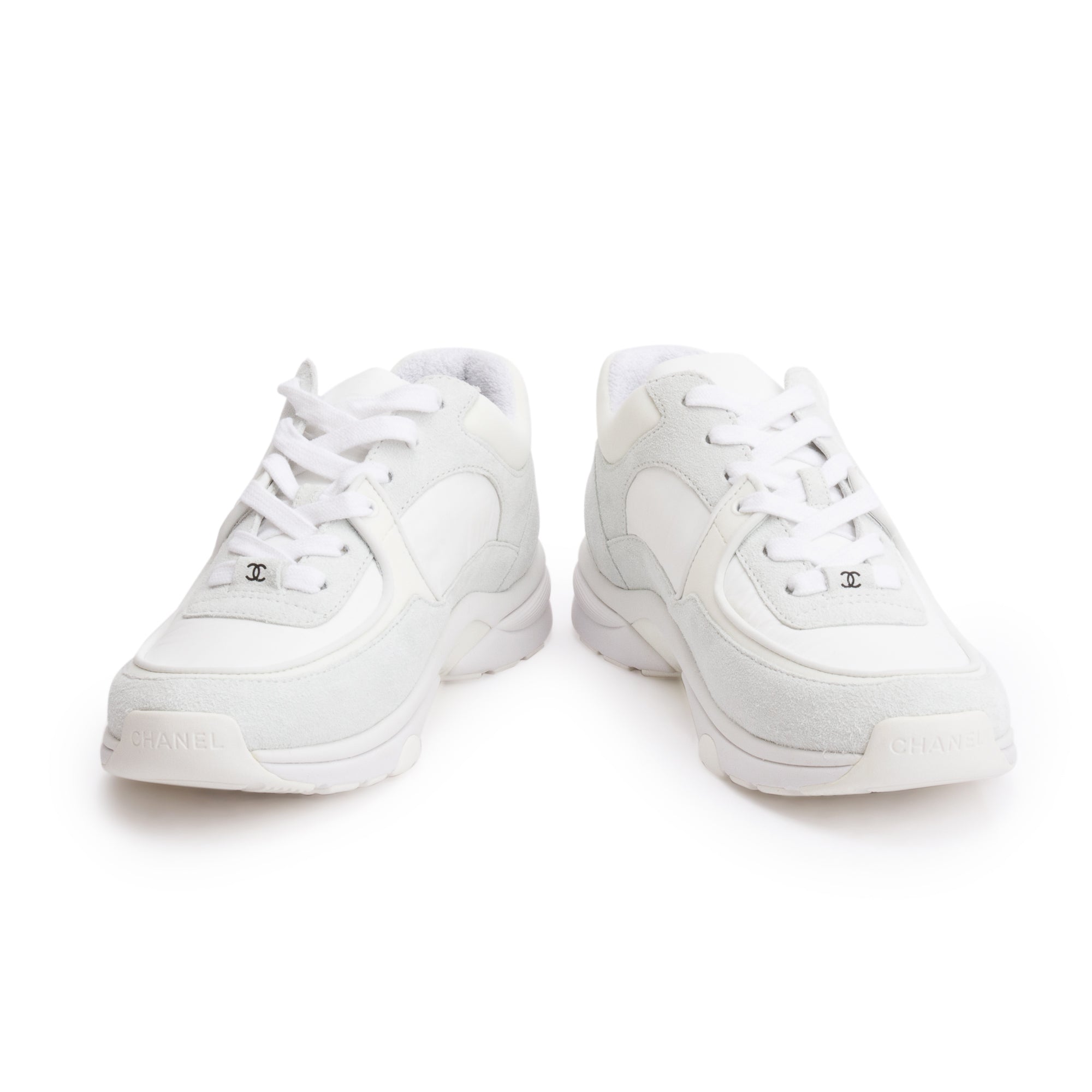 Chanel White Calfskin Nylon Suede CC Logo Sneakers, Size 37.5 w/ Box