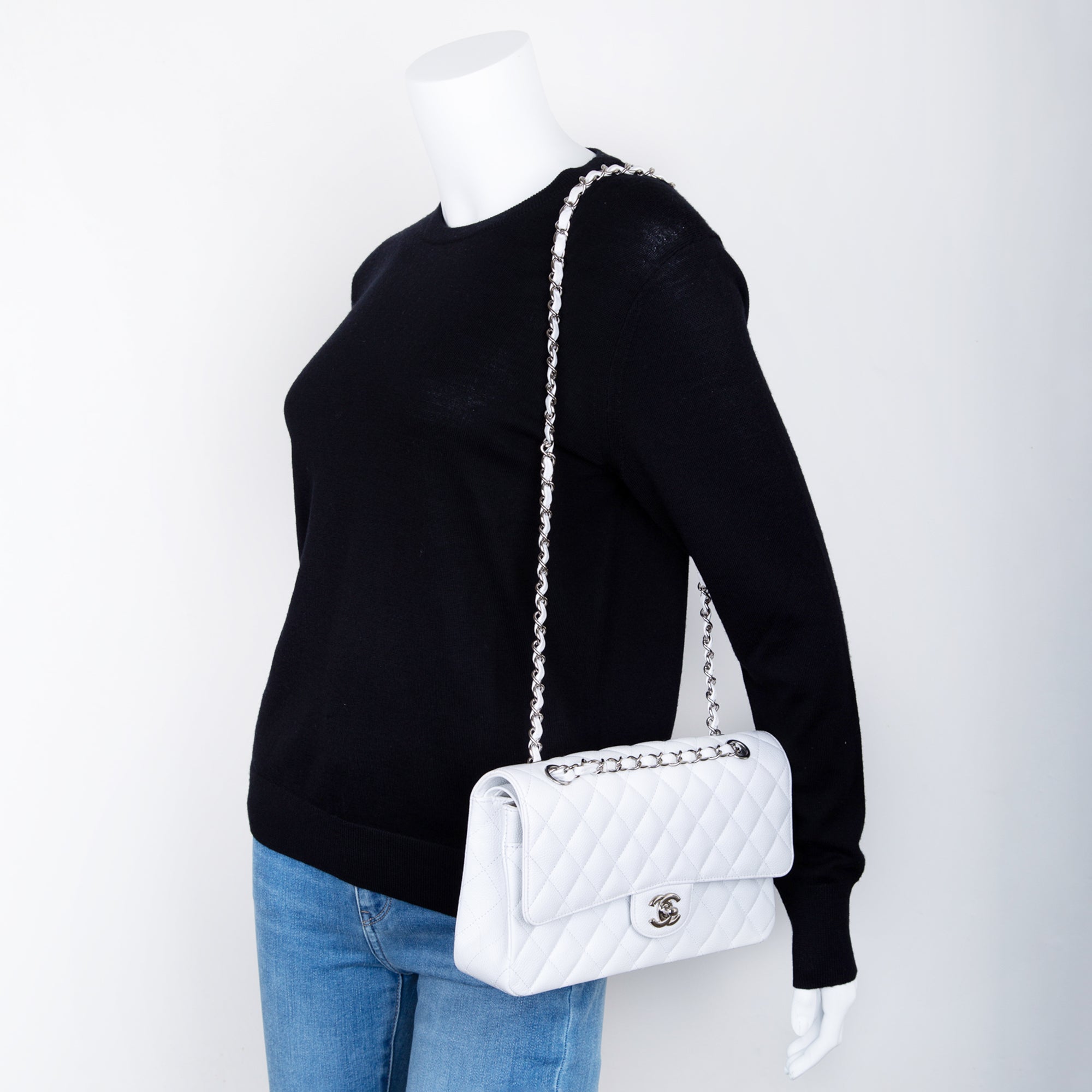 Chanel White Caviar Classic Medium Double Flap Bag w/ Box & Authenticity Card