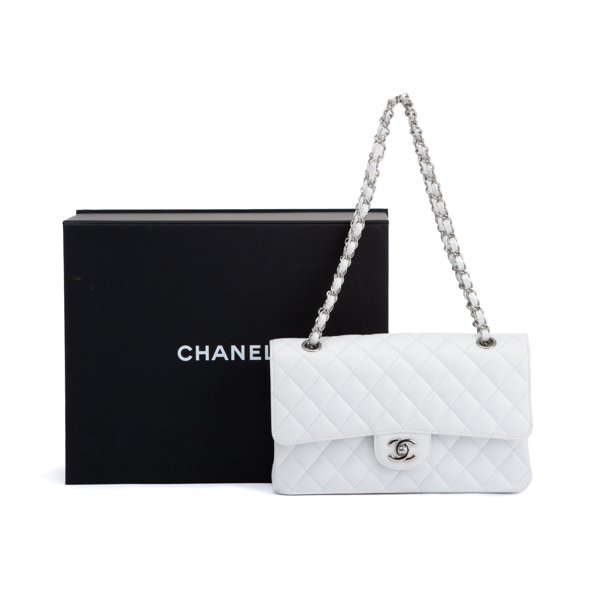 Chanel White Caviar Classic Medium Double Flap Bag w/ Box