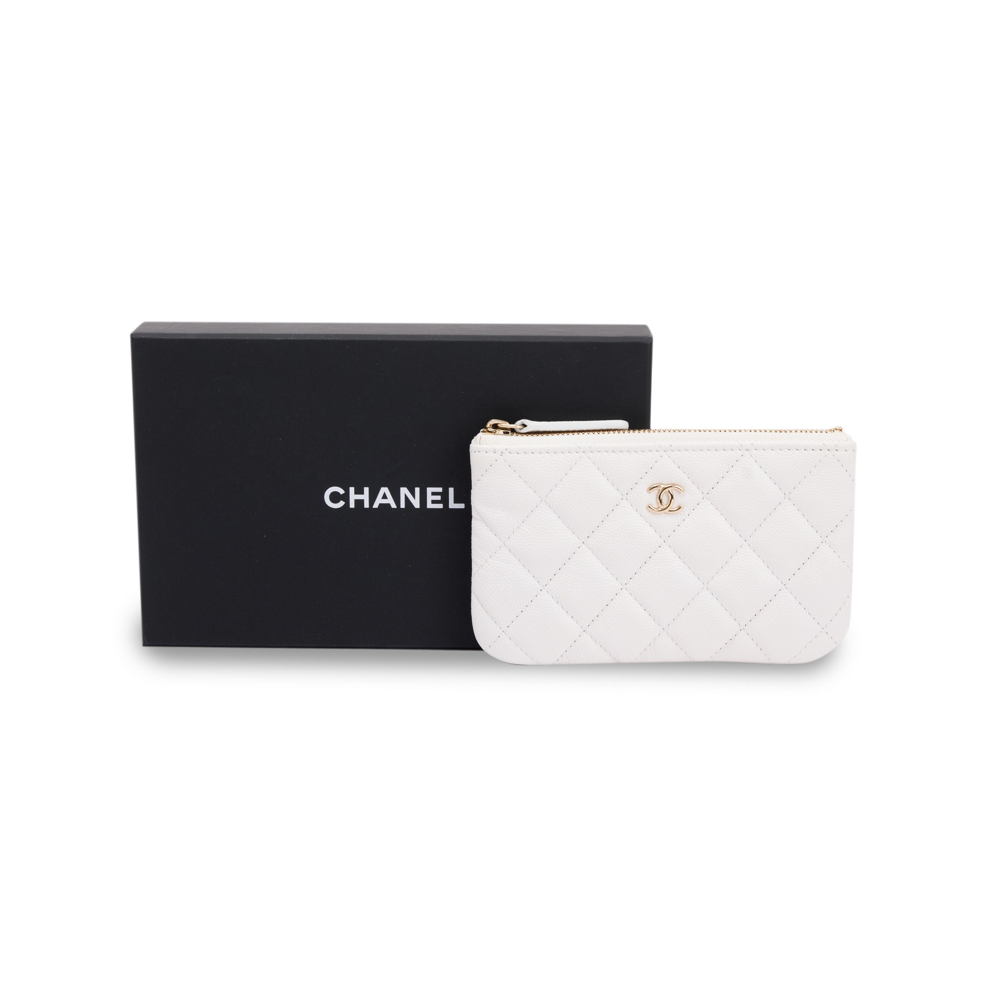 Chanel White Caviar Classic Mini O-Case Pouch w/ Box & Authenticity Card