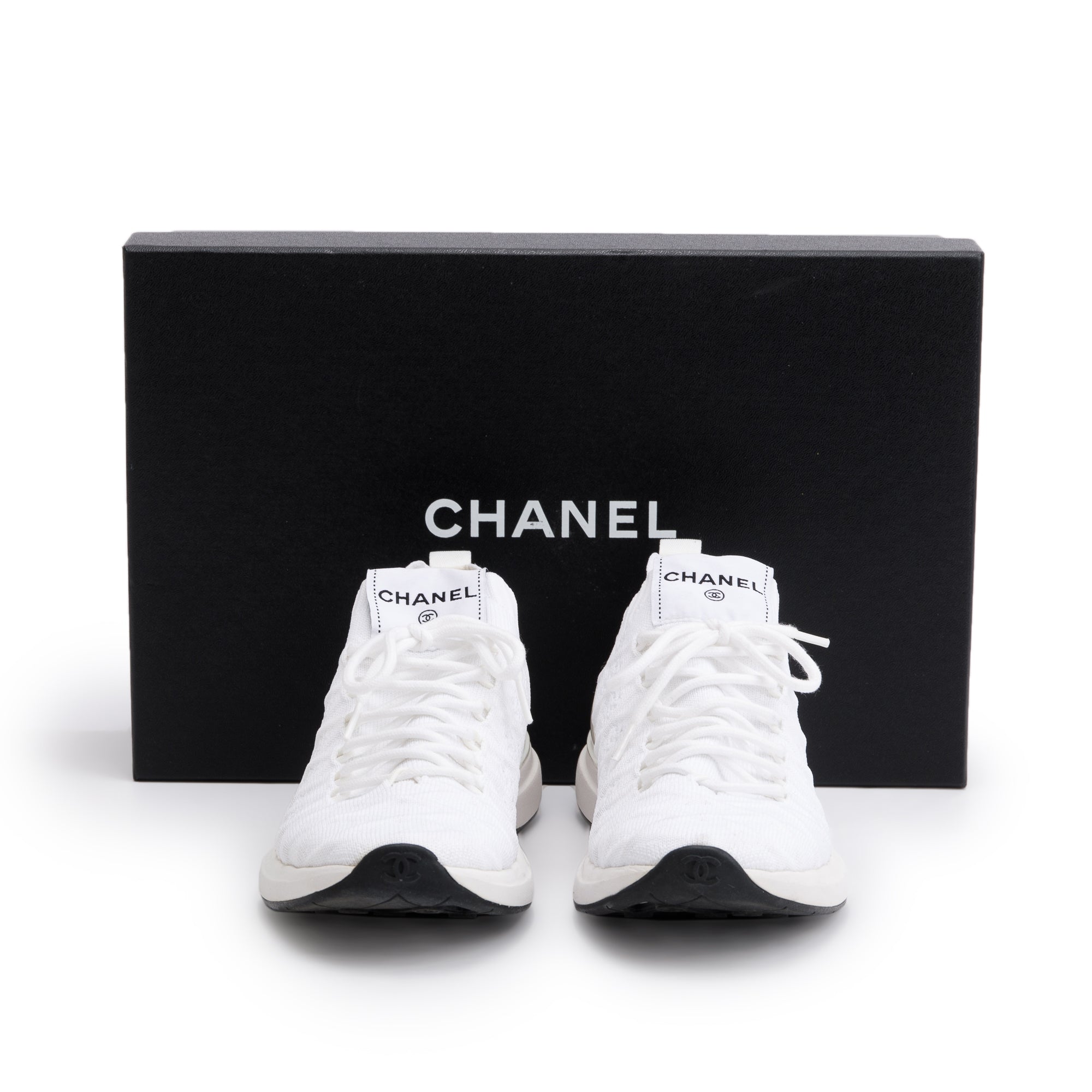 Chanel White Fabric Knit Sock Logo Sneakers, Size 37.5 w/ Box