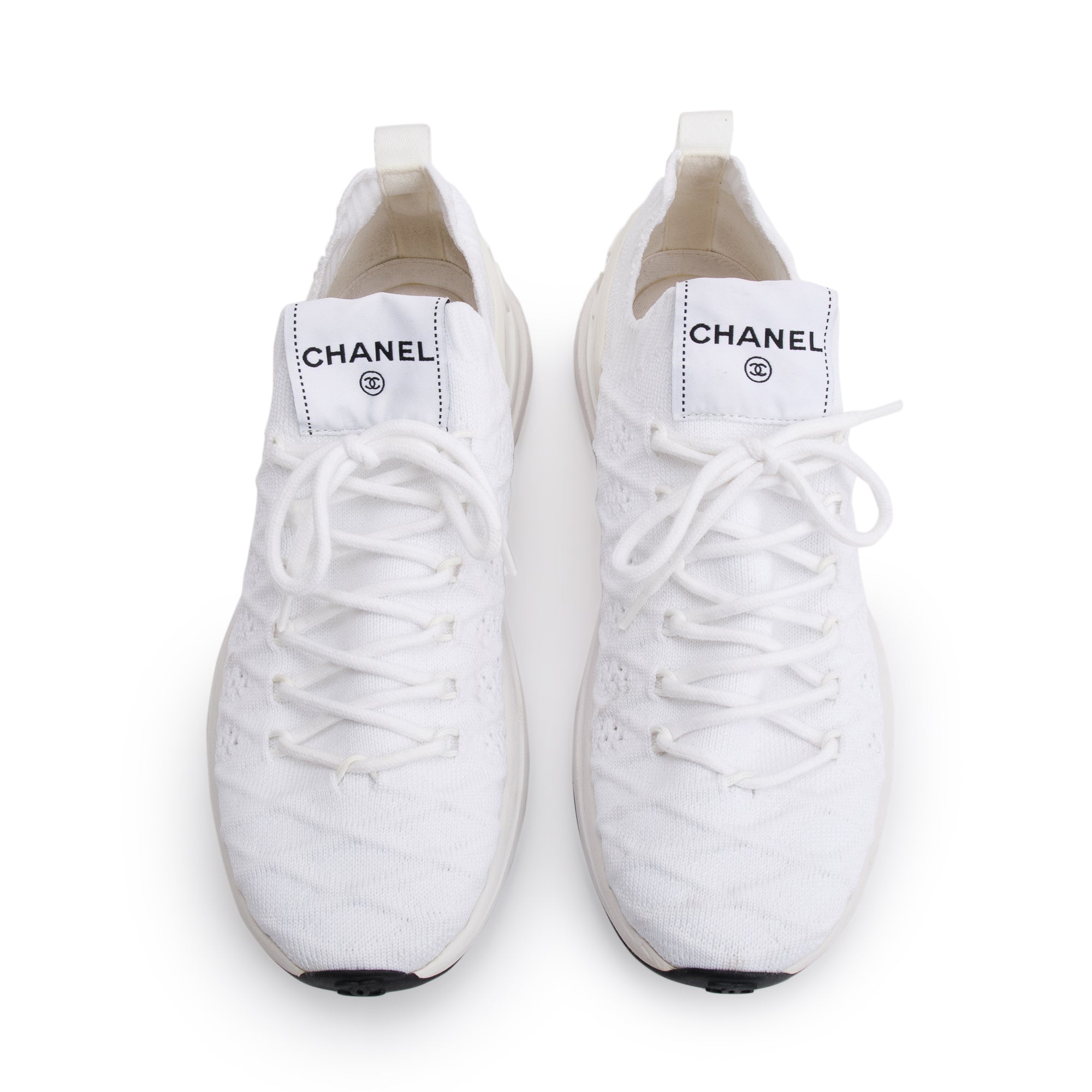 Chanel White Fabric Knit Sock Logo Sneakers, Size 37.5 w/ Box