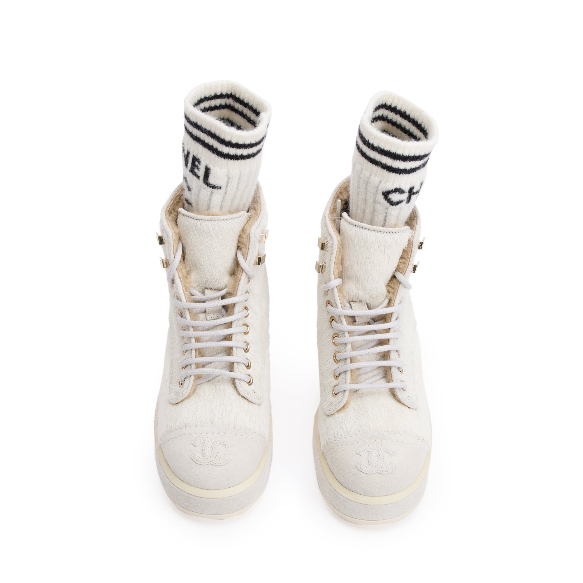 Chanel White Pony Hair Suede Interlocking CC Logo Combat Boots, Size 35.5