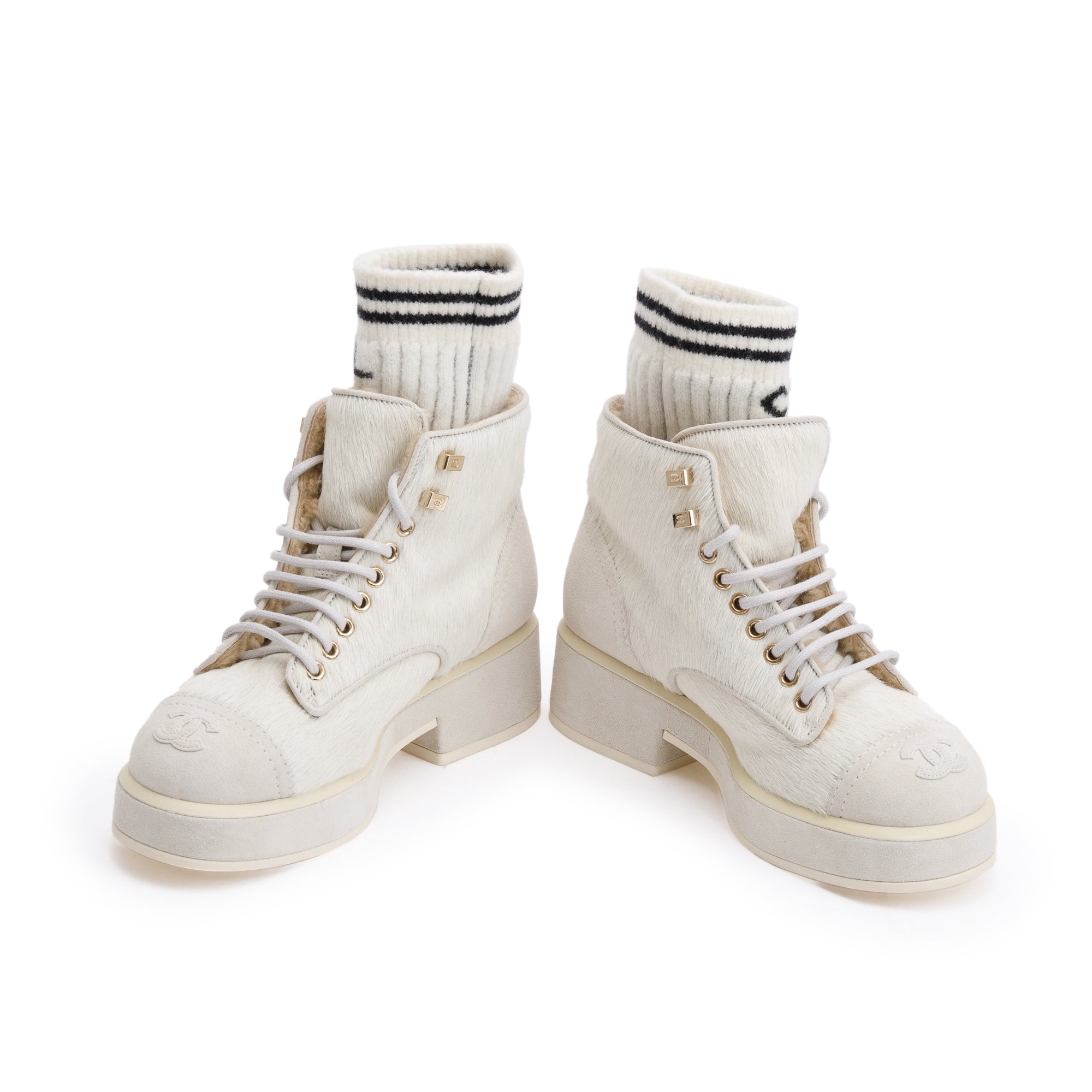 Chanel White Pony Hair Suede Interlocking CC Logo Combat Boots, Size 35.5