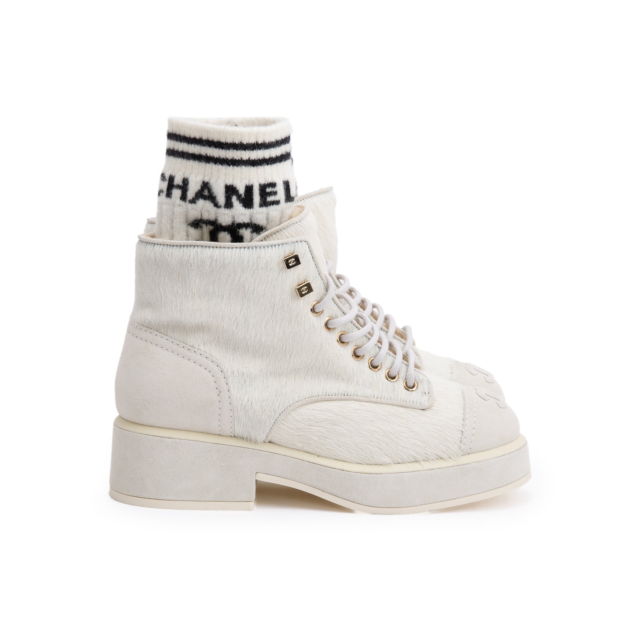 Chanel White Pony Hair Suede Interlocking CC Logo Combat Boots, Size 35.5