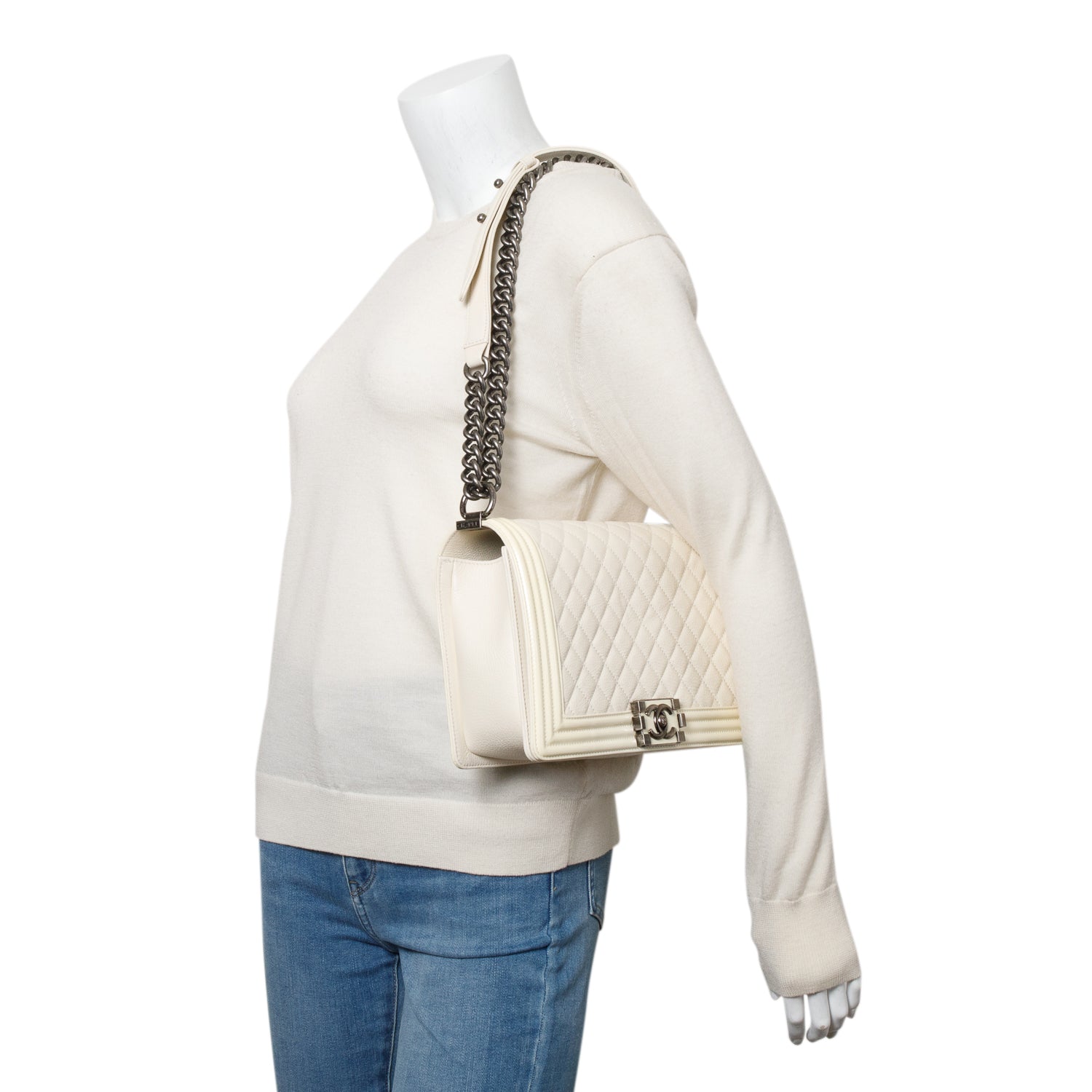 Chanel White Quilted Calfskin and Patent Leather Trim Large Boy Bag w/ Box & Receipt