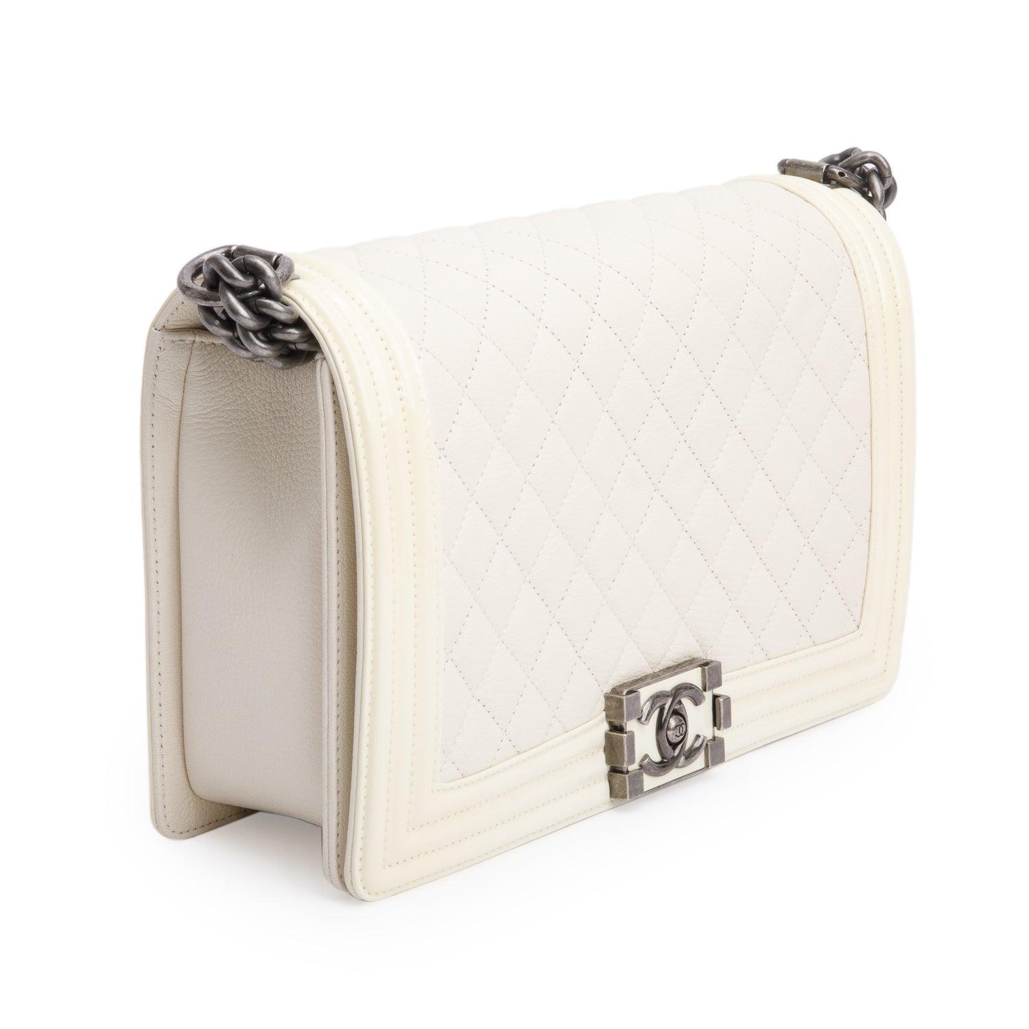 Chanel White Quilted Calfskin and Patent Leather Trim Large Boy Bag w/ Box & Receipt