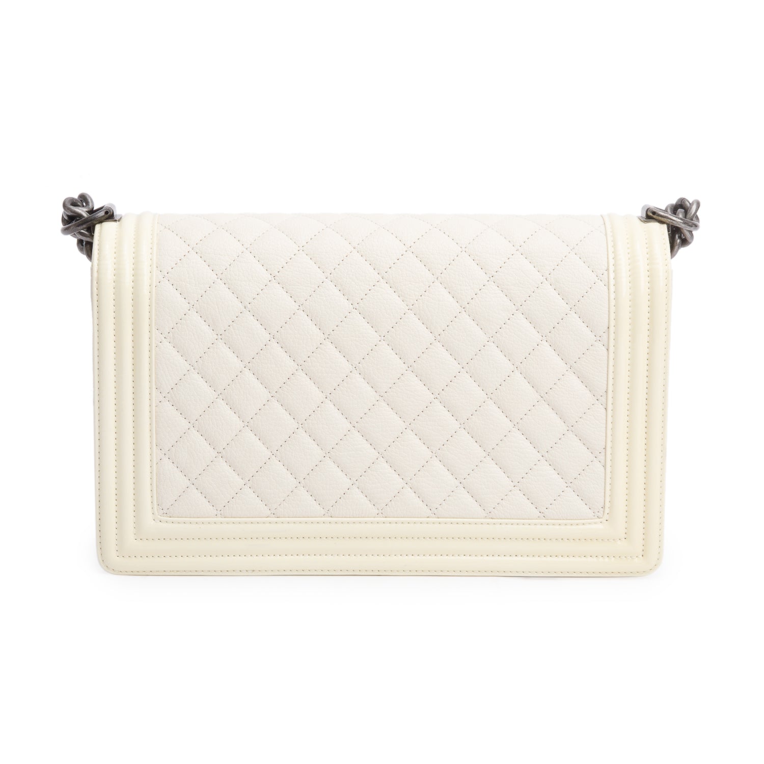 Chanel White Quilted Calfskin and Patent Leather Trim Large Boy Bag w/ Box & Receipt