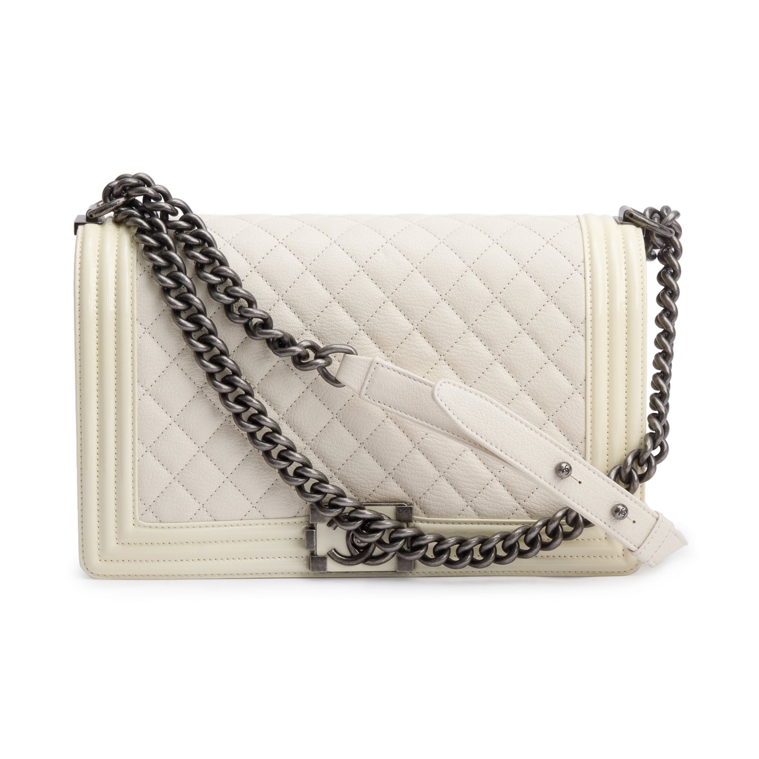 Chanel White Quilted Calfskin and Patent Leather Trim Large Boy Bag w/ Box & Receipt