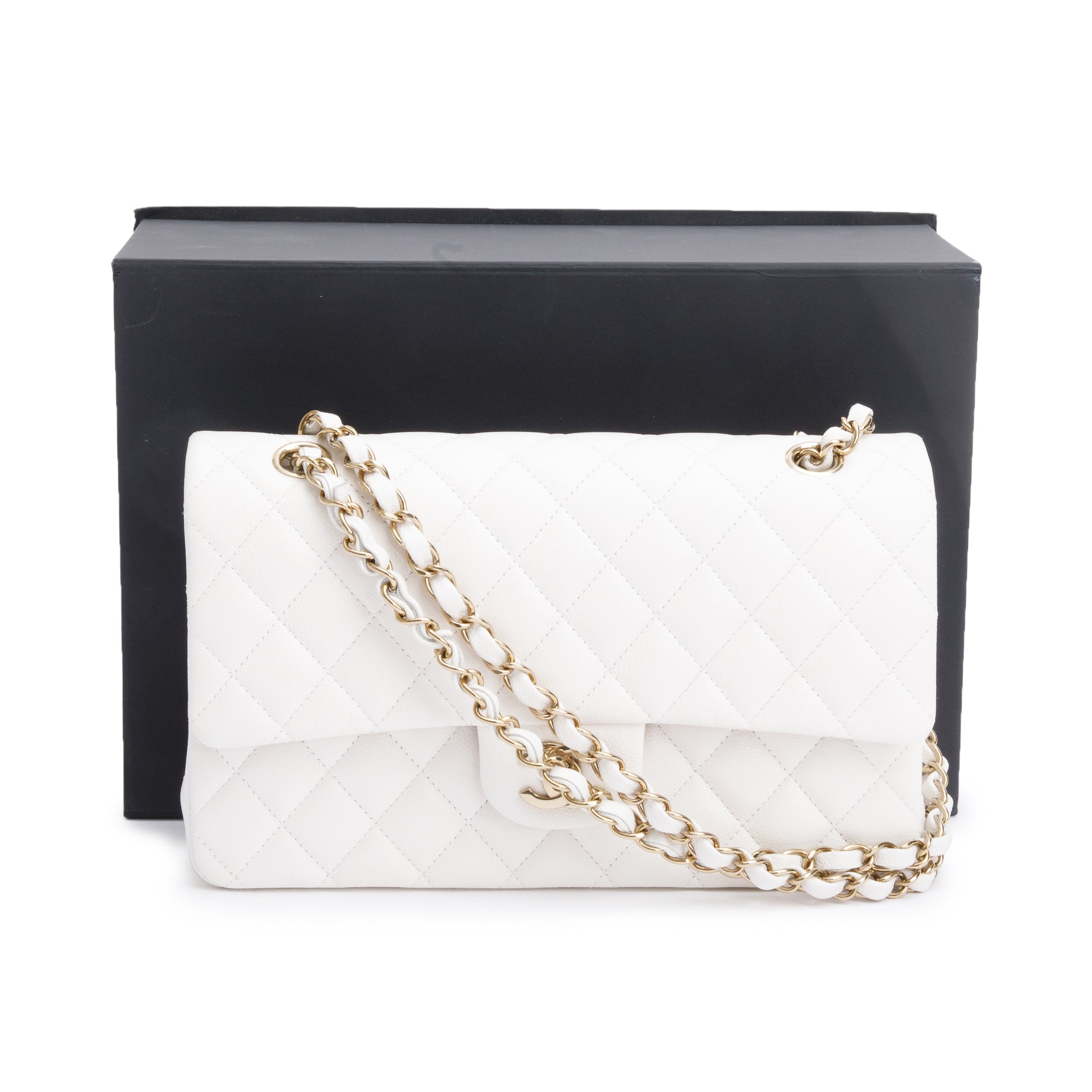 Chanel White Quilted Caviar Leather Classic Medium Double Flap Bag w/ Box