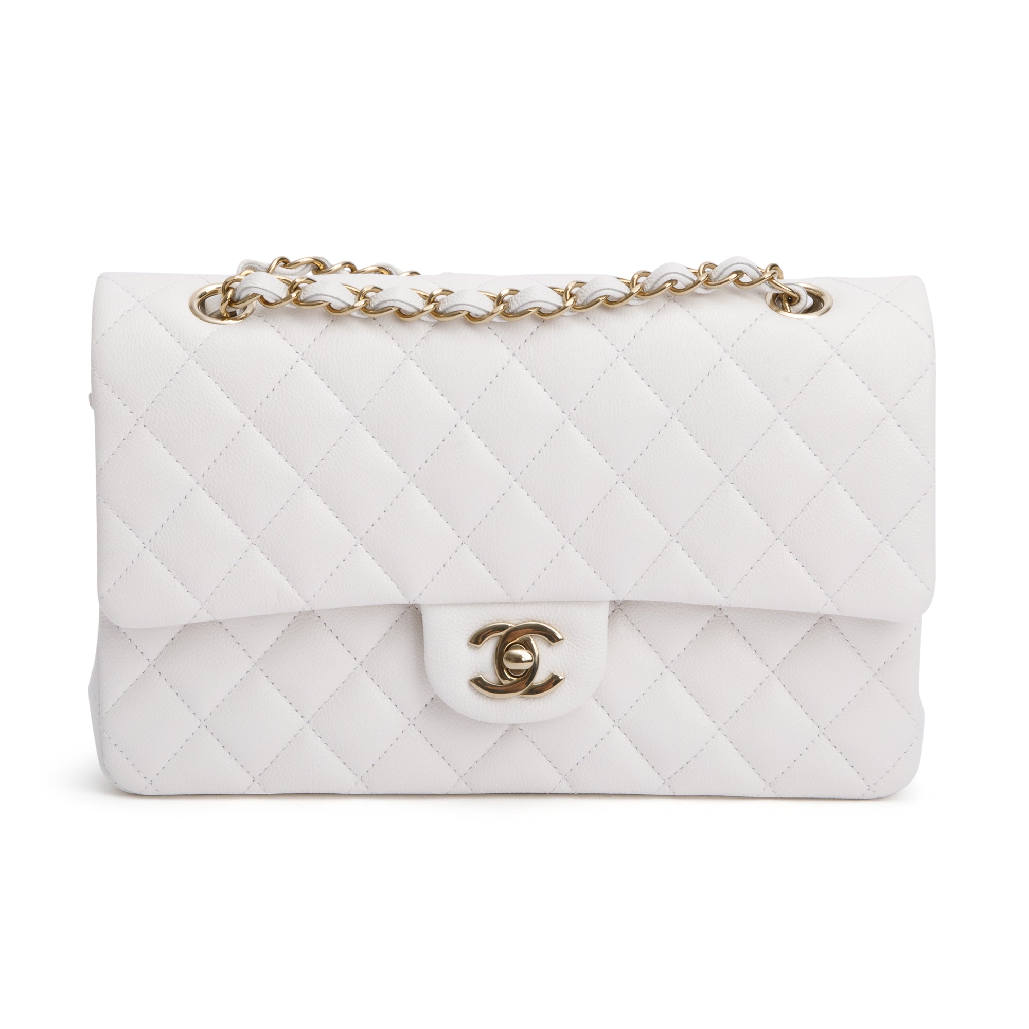 Chanel White Quilted Caviar Leather Classic Medium Double Flap Bag w/ Box